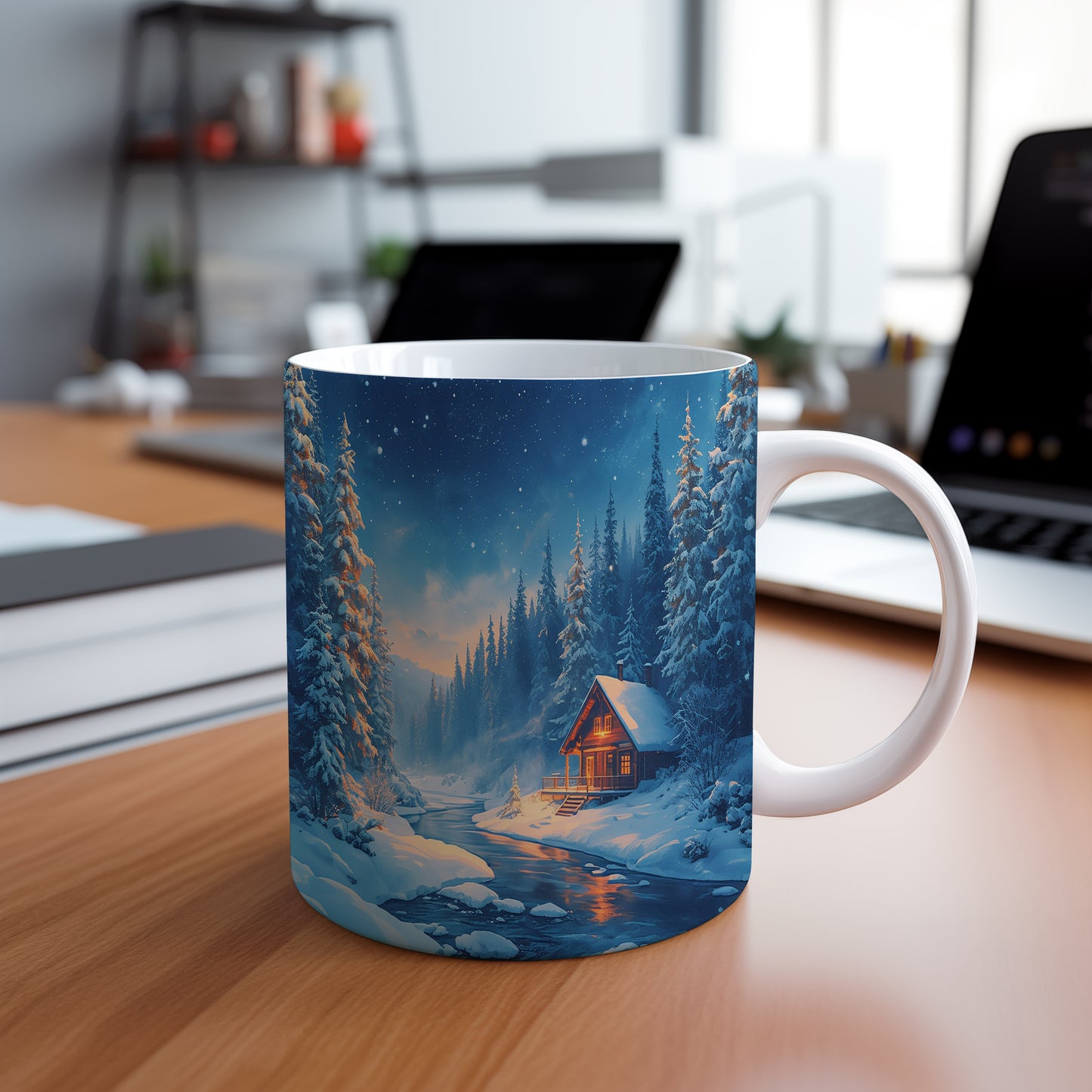 Hrnek s vánočním motivem – zasněžená chalupa u řeky