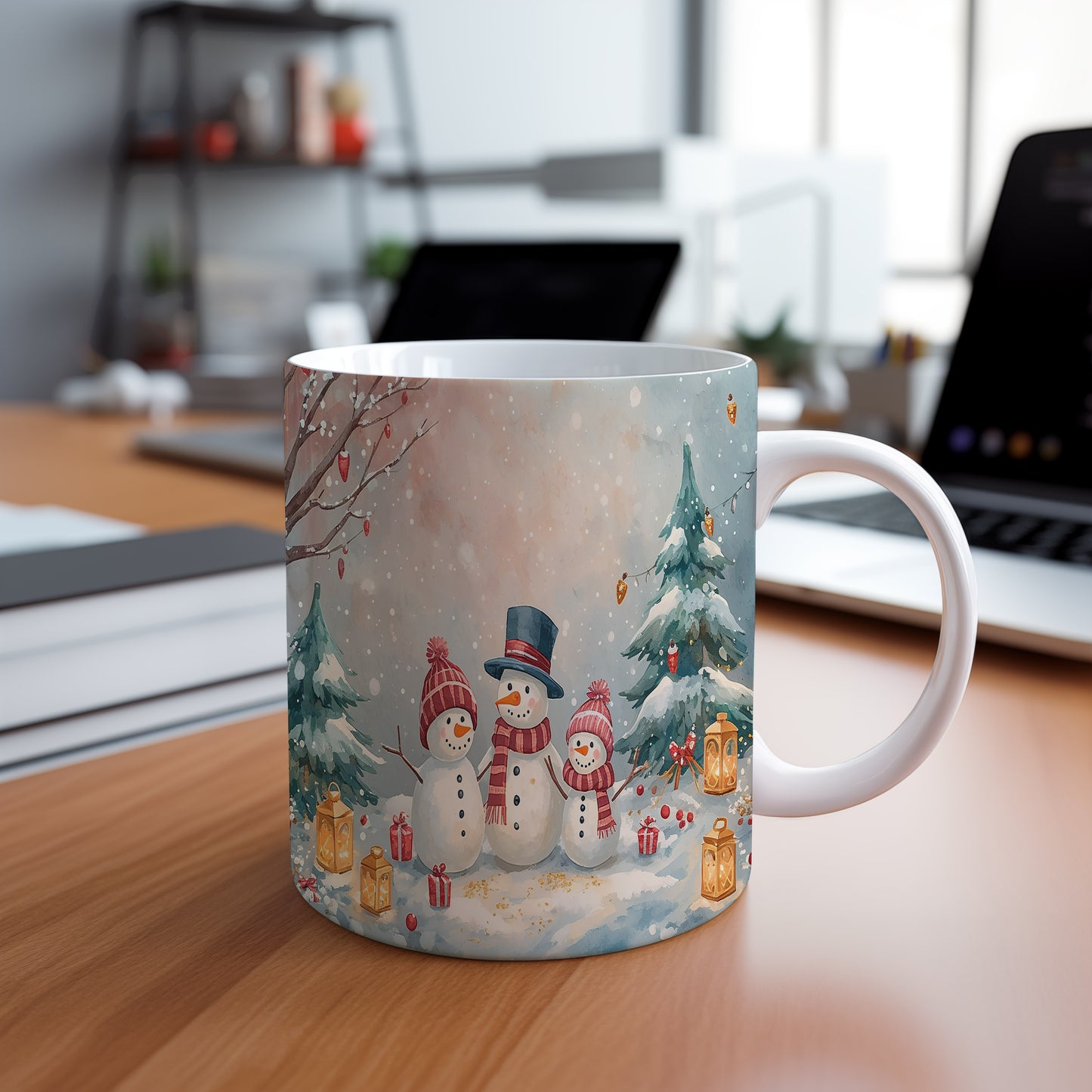 Hrnek s vánočním motivem – sněhuláci a lucerny