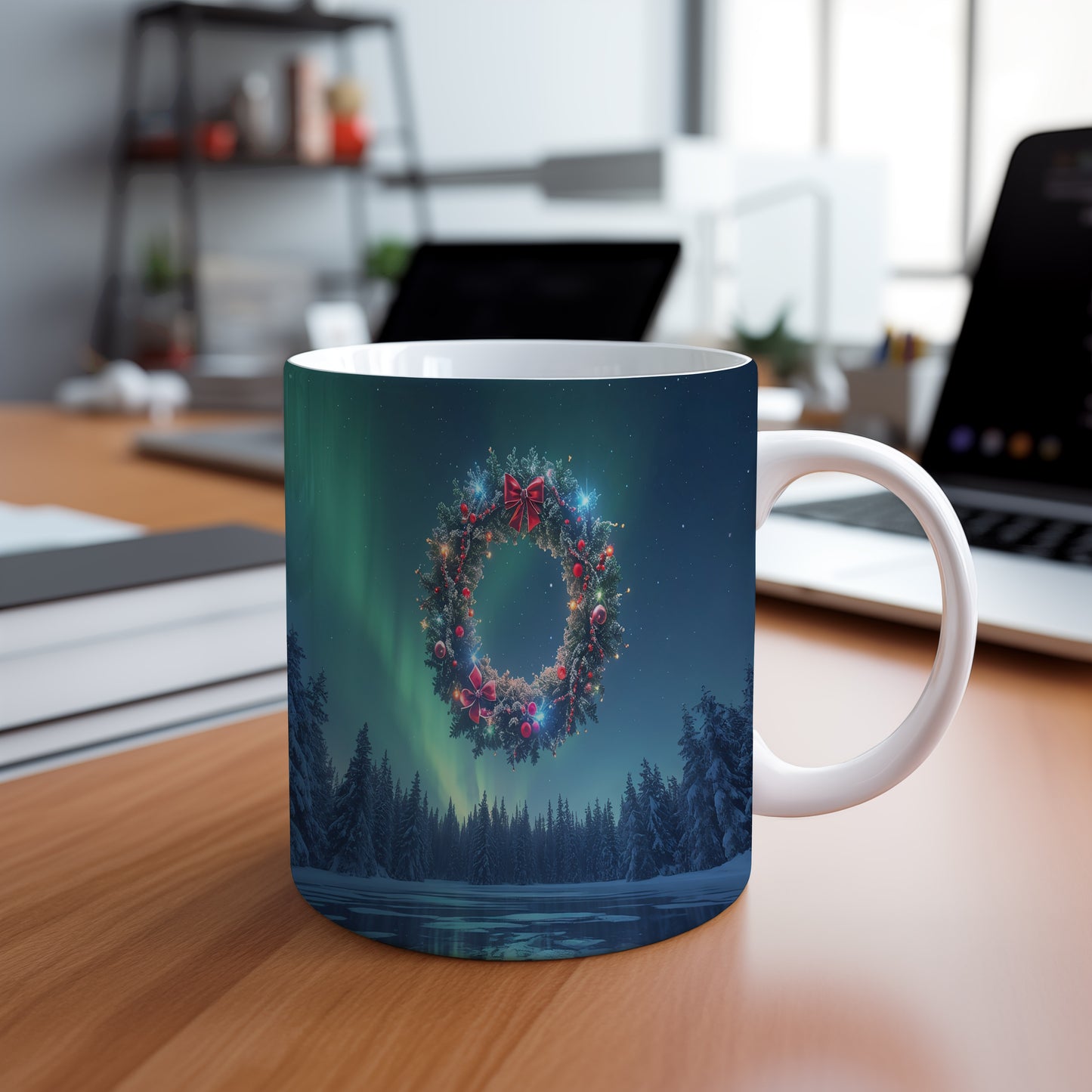 Hrnek s vánočním motivem – věnec s mašlí