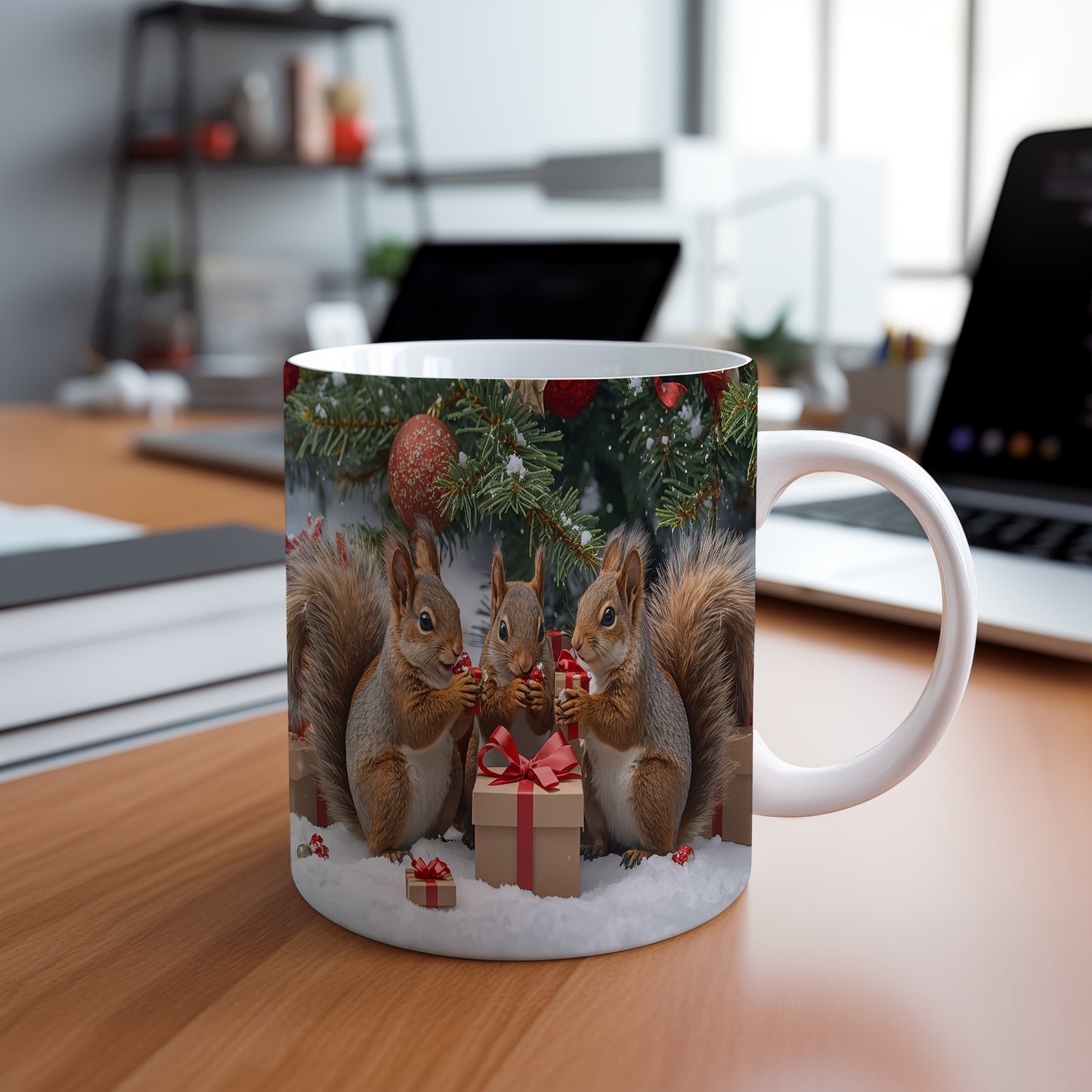 Hrnek s vánočním motivem – veverky s dárky – sníh, veverky