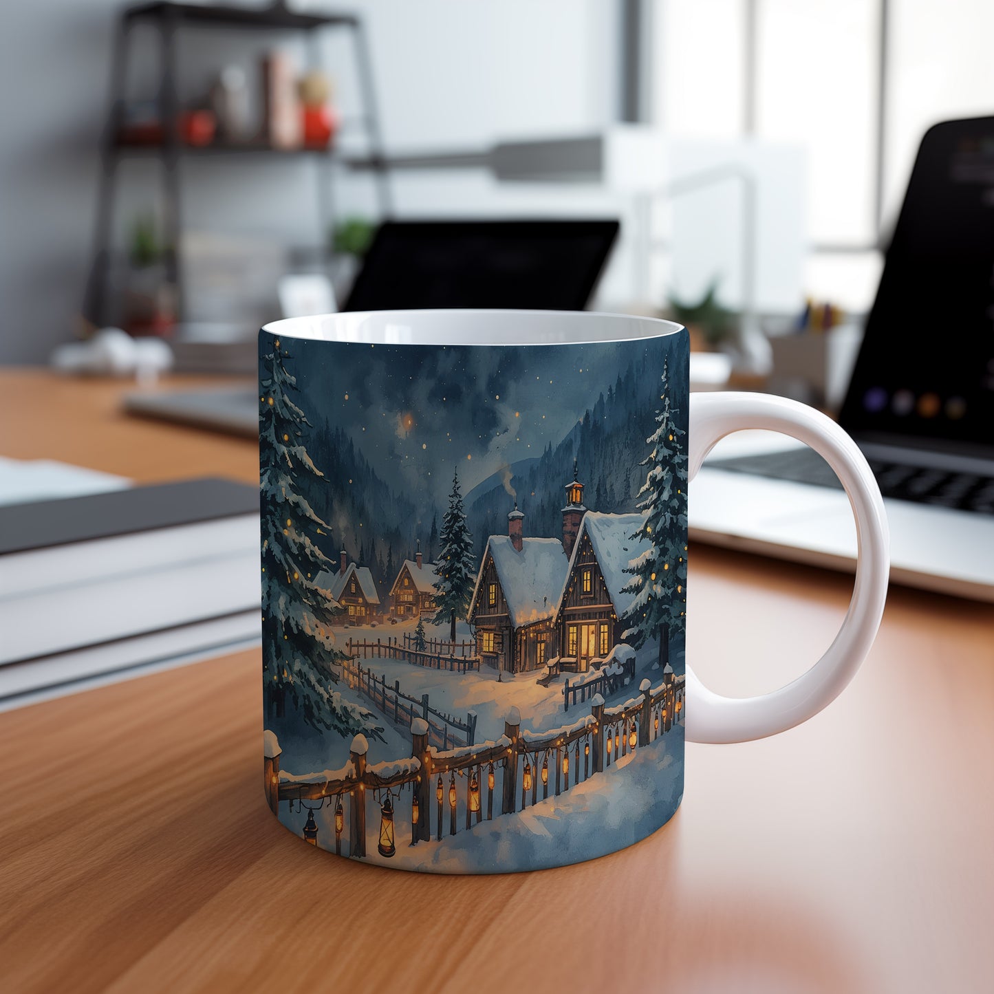 Hrnek s vánočním motivem – zasněžené chalupy s lucernami – sníh, vesnička, lucerny