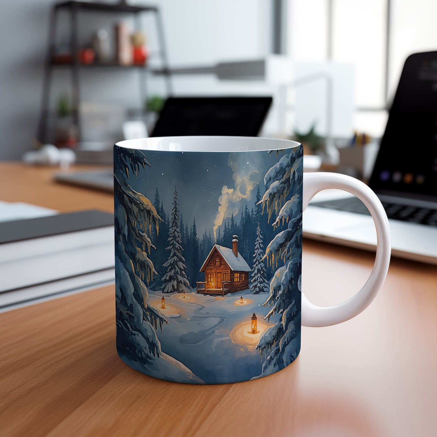 Hrnek s vánočním motivem – zimní les s chaloupkou