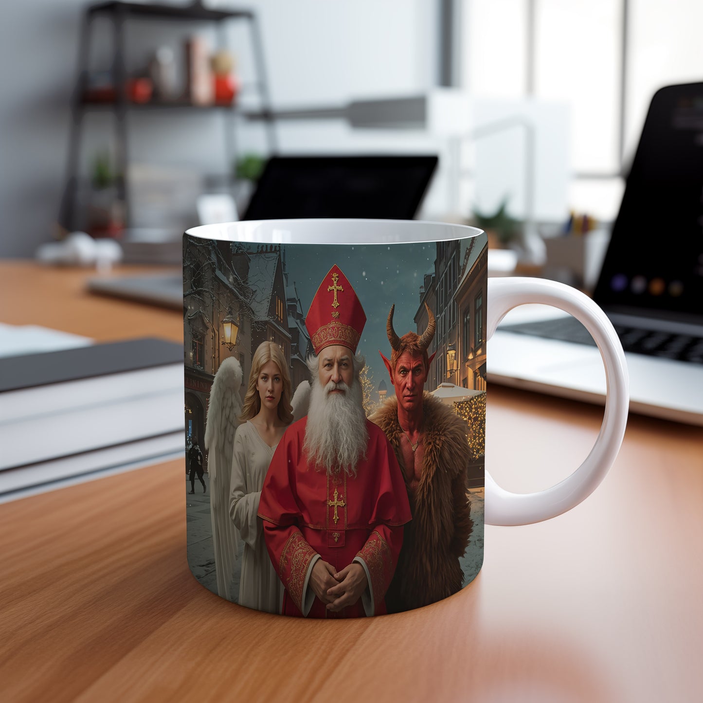 Hrnek s motivem Mikuláše, čerta a anděla – kouzelná zimní ulice