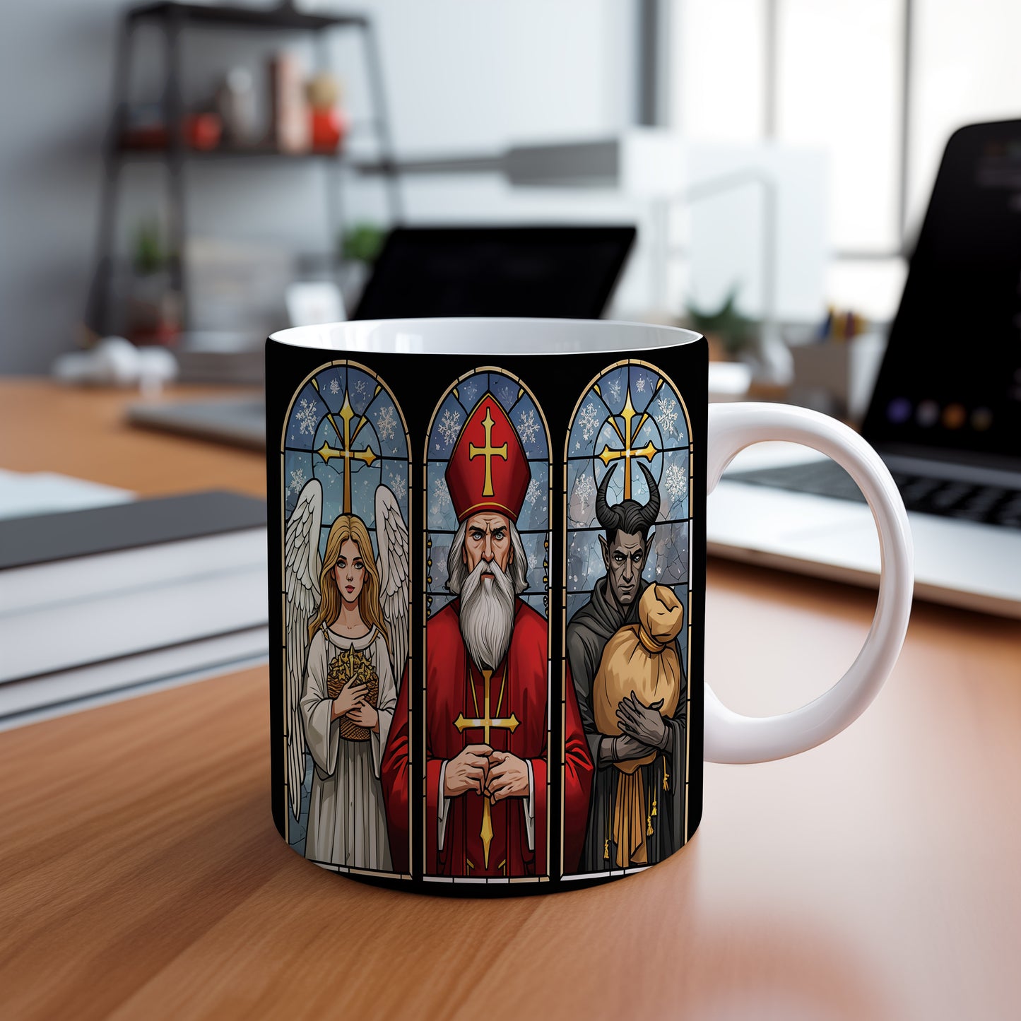 Hrnek s motivem Mikuláše, čerta a anděla – zimní vitráž