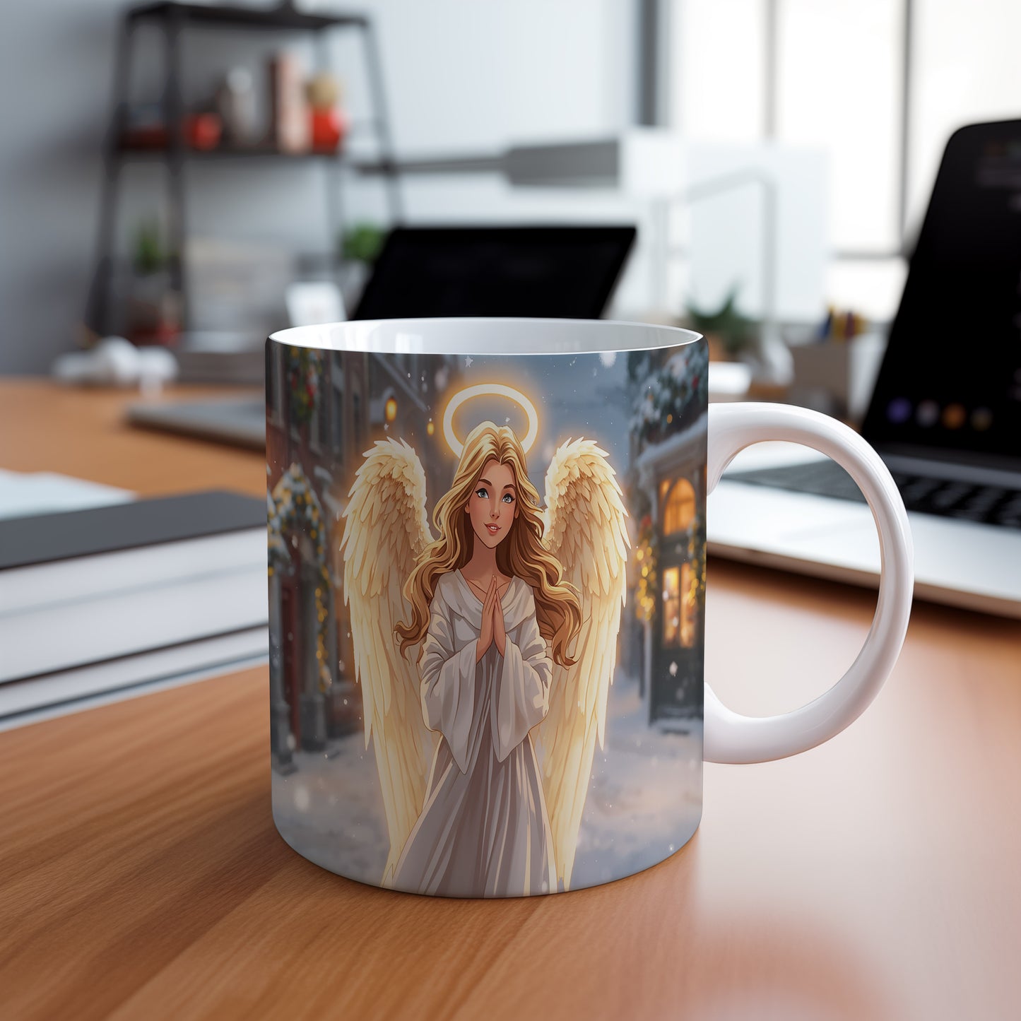 Hrnek s motivem anděla – zářivý zimní večer