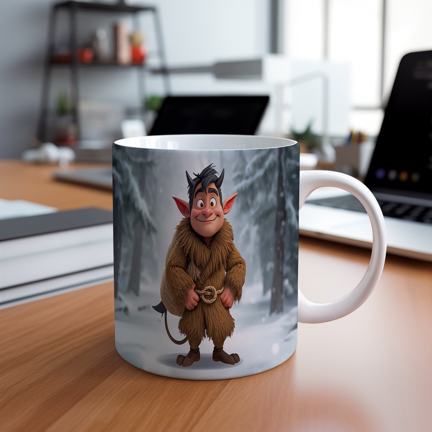 Hrnek s motivem čerta – zasněžený les