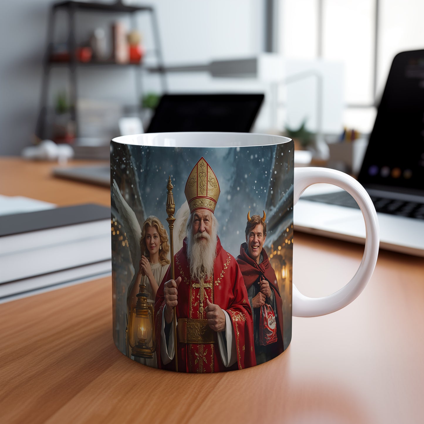 Hrnek s motivem Mikuláše, čerta a anděla – zasněžený večer