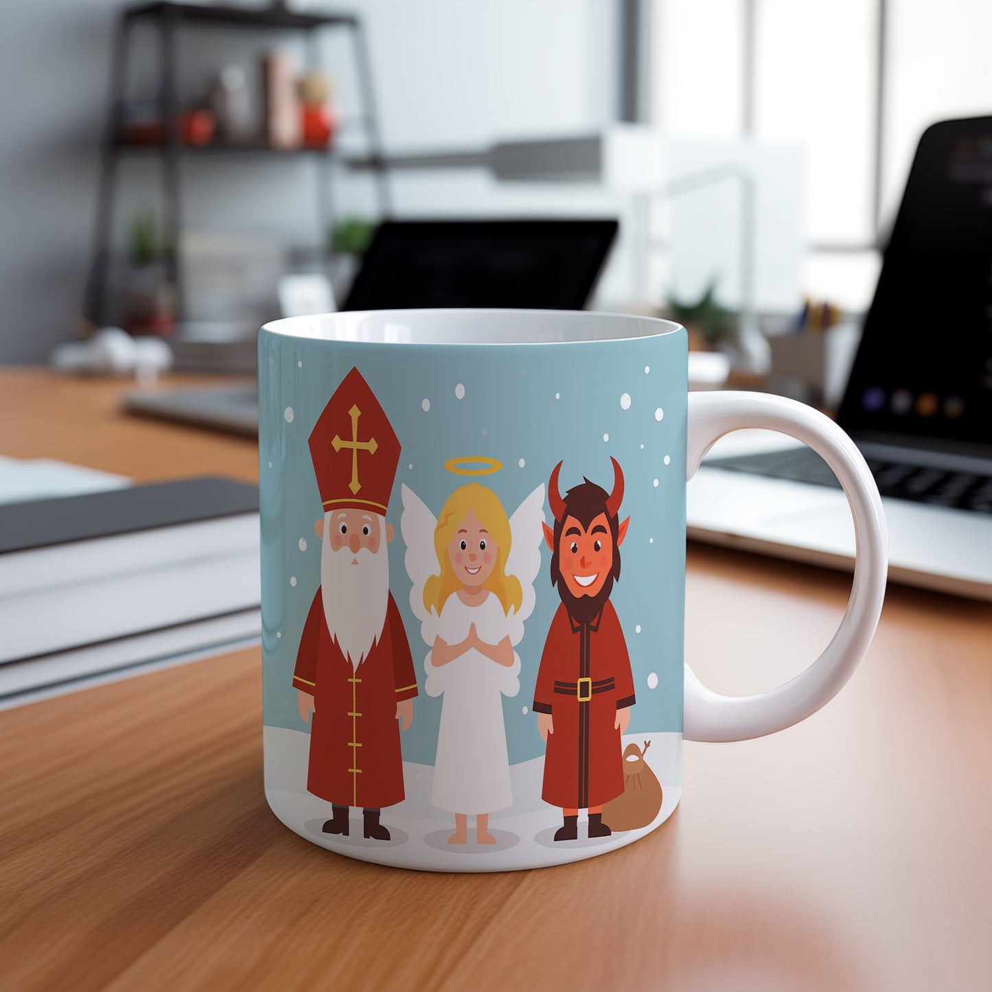 Hrnek s motivem Mikuláše, čerta a anděla – zimní radost