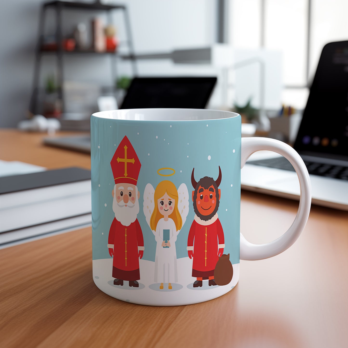 Hrnek s motivem Mikuláše, čerta a anděla – sněhové vločky