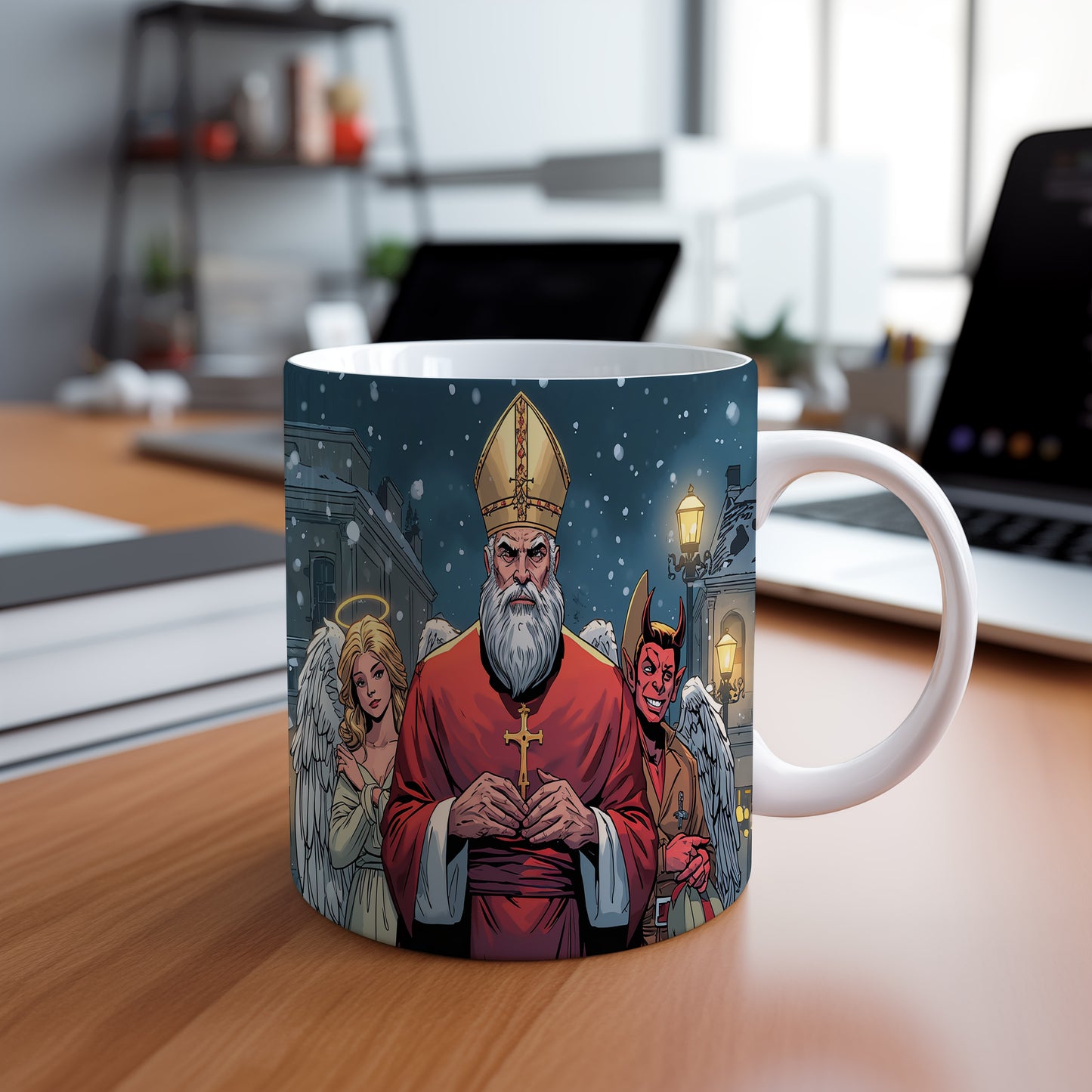 Hrnek s motivem Mikuláše, čerta a anděla – zimní noční klid