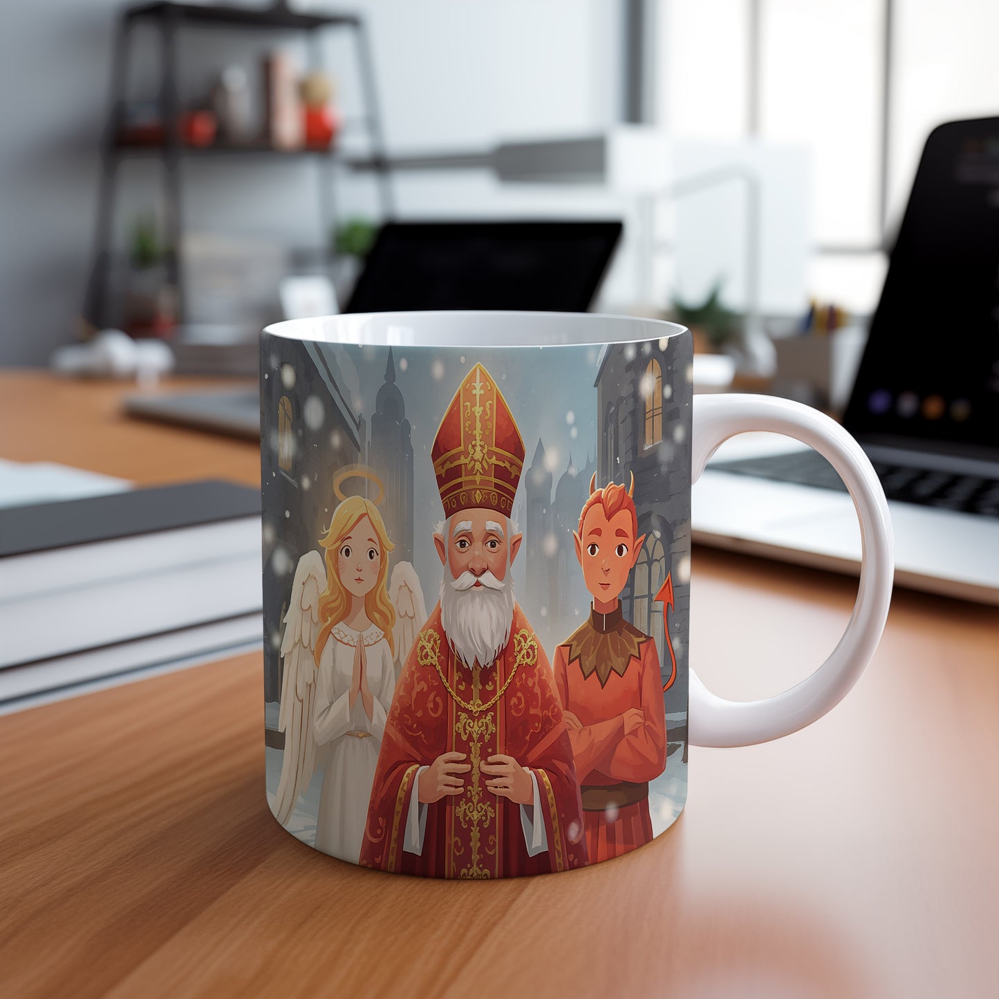 Hrnek s motivem Mikuláše, čerta a anděla – zimní město