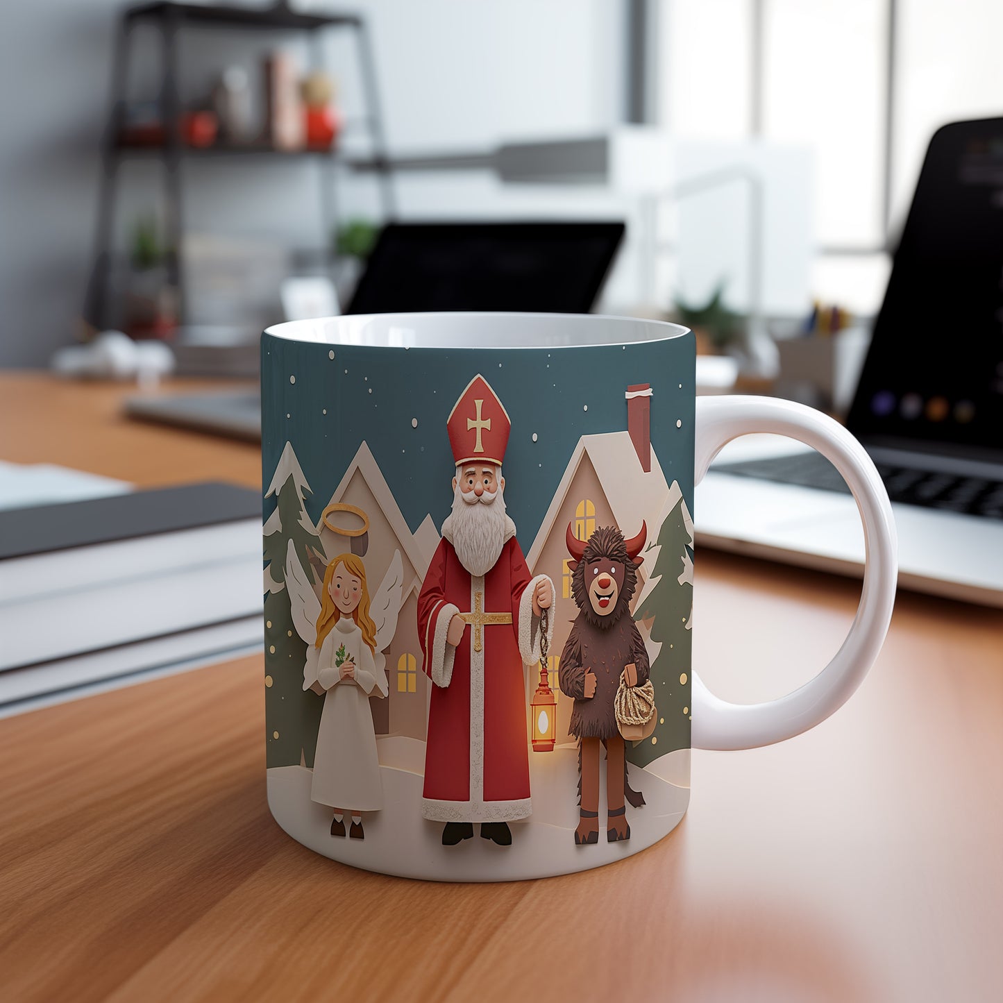 Hrnek s motivem Mikuláše, čerta a anděla – kouzelná zimní vesnička