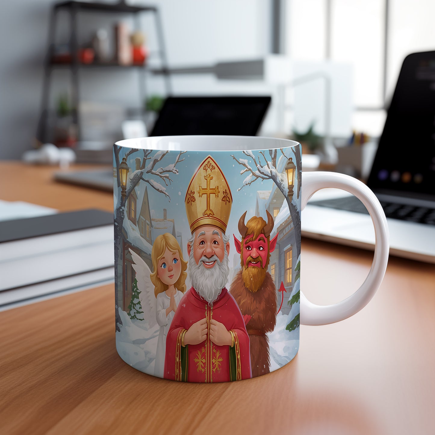 Hrnek s motivem Mikuláše, čerta a anděla – zimní pohádka