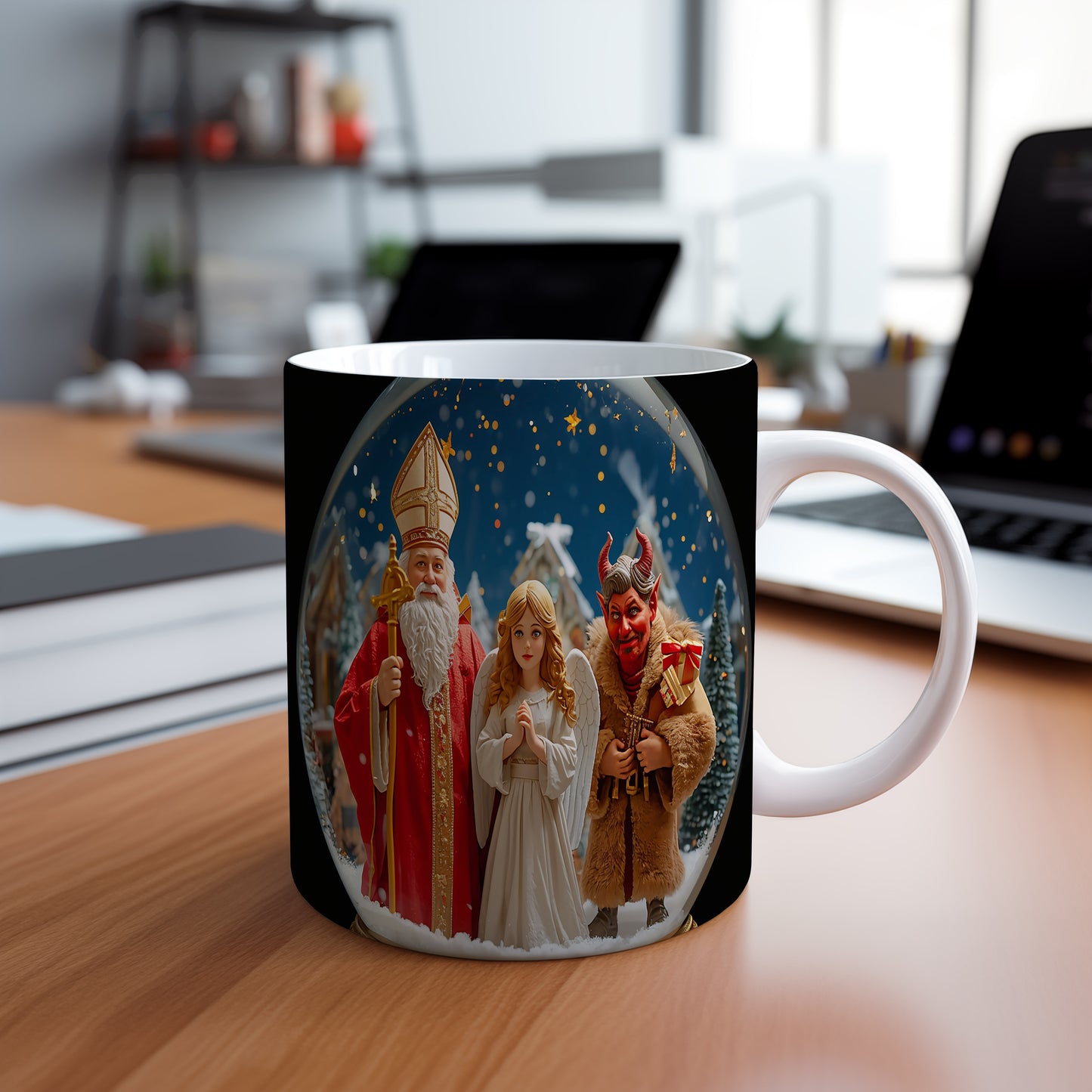 Hrnek s motivem Mikuláše, čerta a anděla – třpytivá hvězdná noc