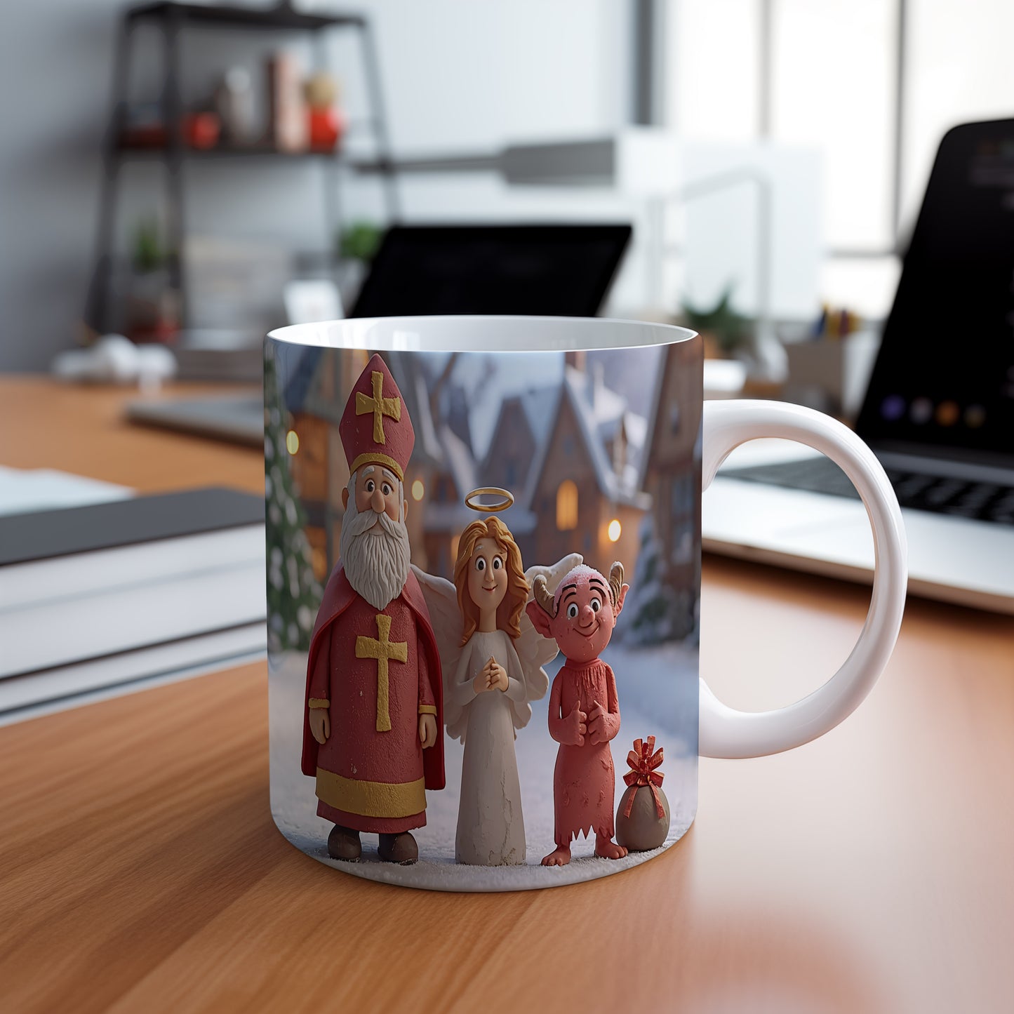 Hrnek s motivem Mikuláše, čerta a anděla – zasněžený večerní klid