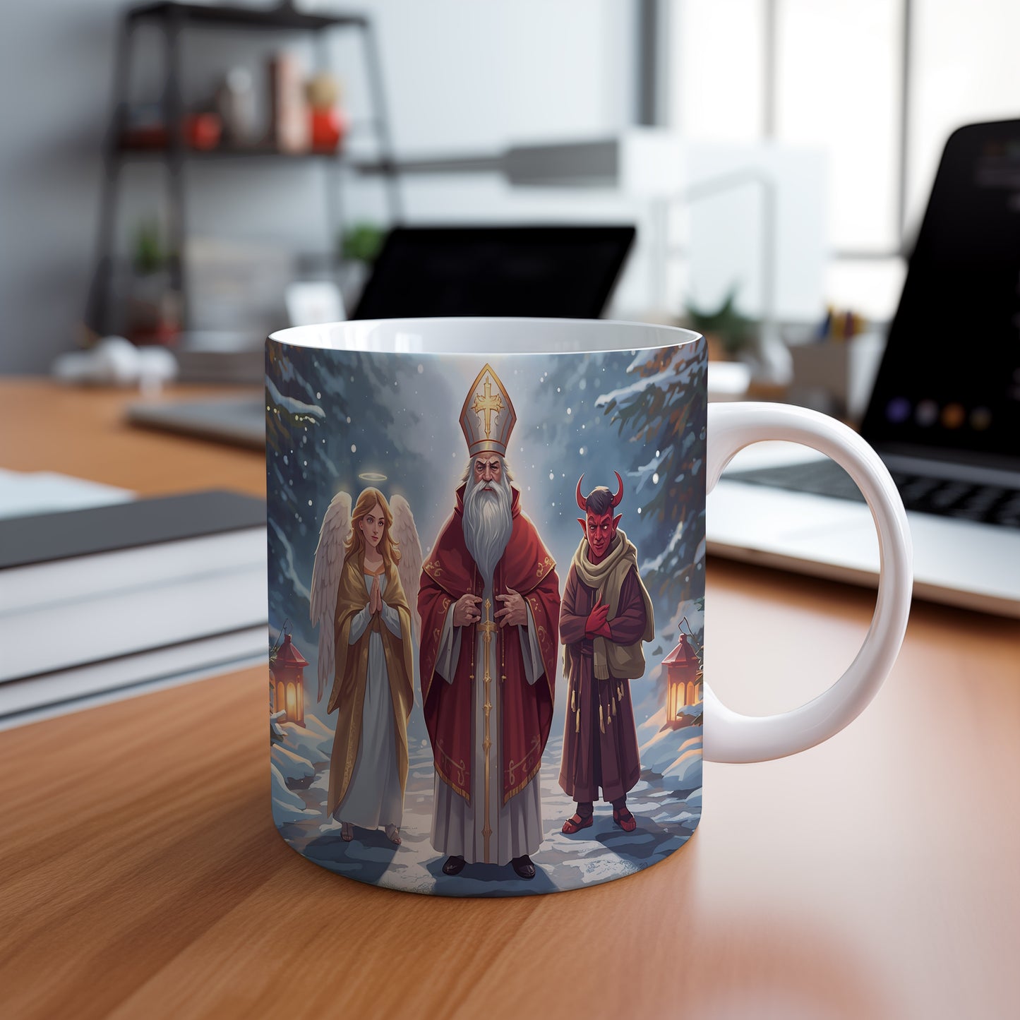 Hrnek s motivem Mikuláše, čerta a anděla – zimní lesní cesta