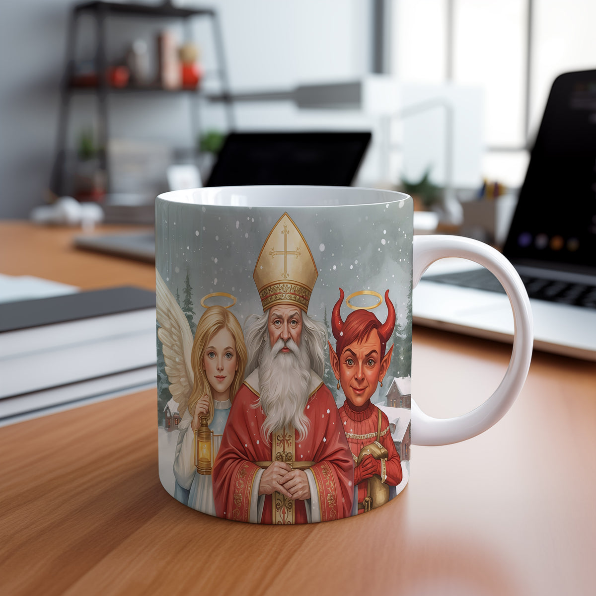 Hrnek s motivem Mikuláše, čerta a anděla – zimní pohádková noc