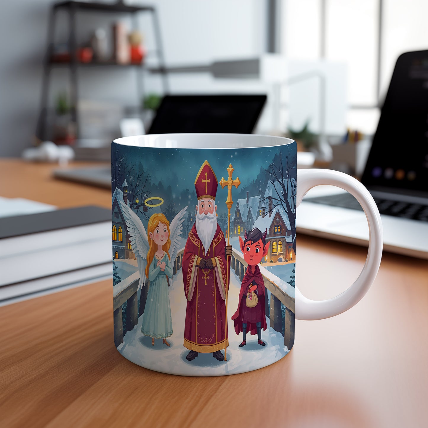 Hrnek s motivem Mikuláše, čerta a anděla – zimní kouzelná cesta