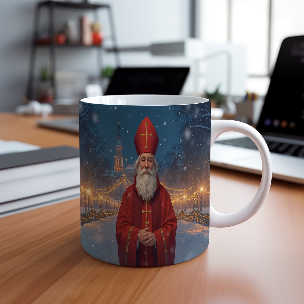 Hrnek s motivem Mikuláše – zimní pohádkový chrám