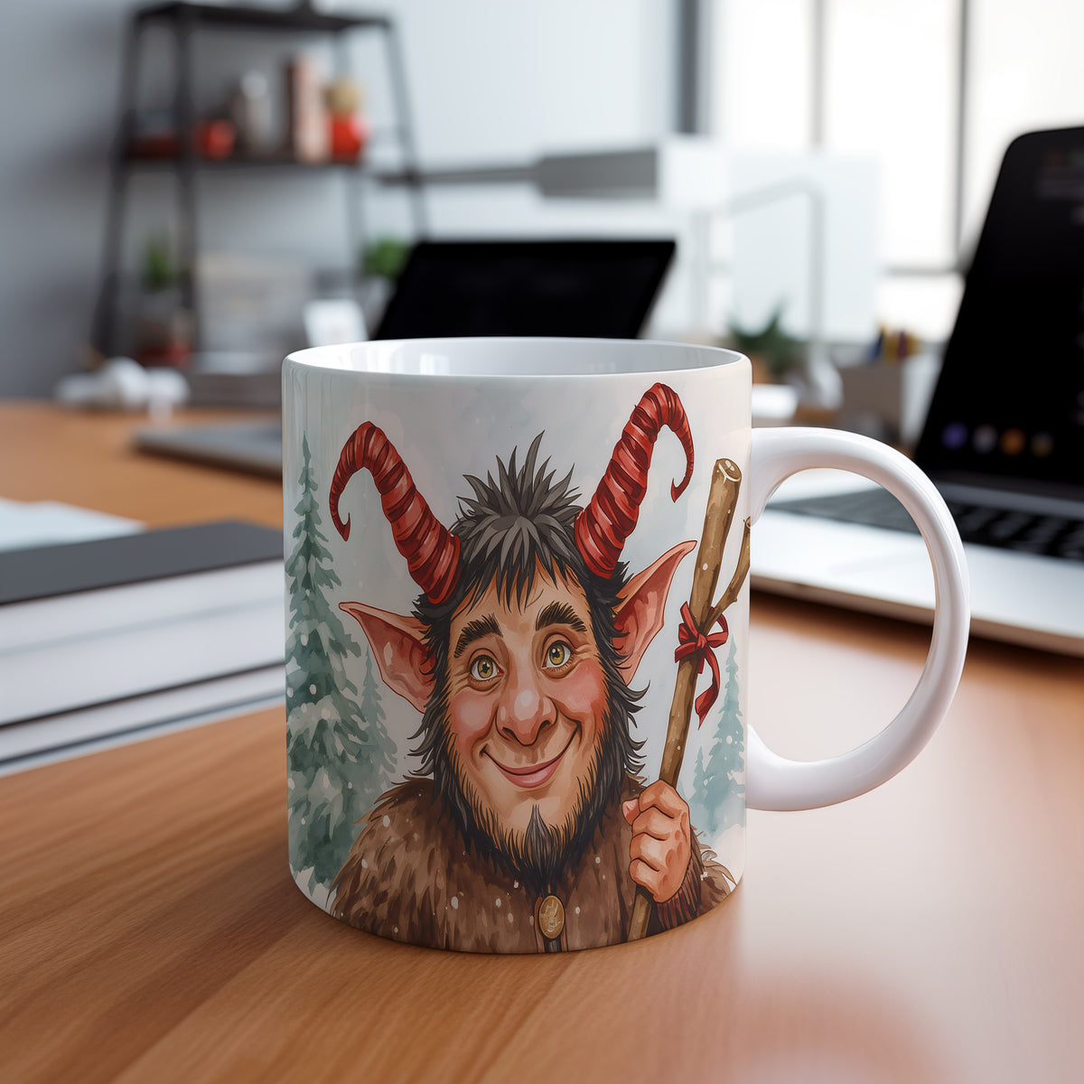 Hrnek s motivem čerta – zimní veselý les