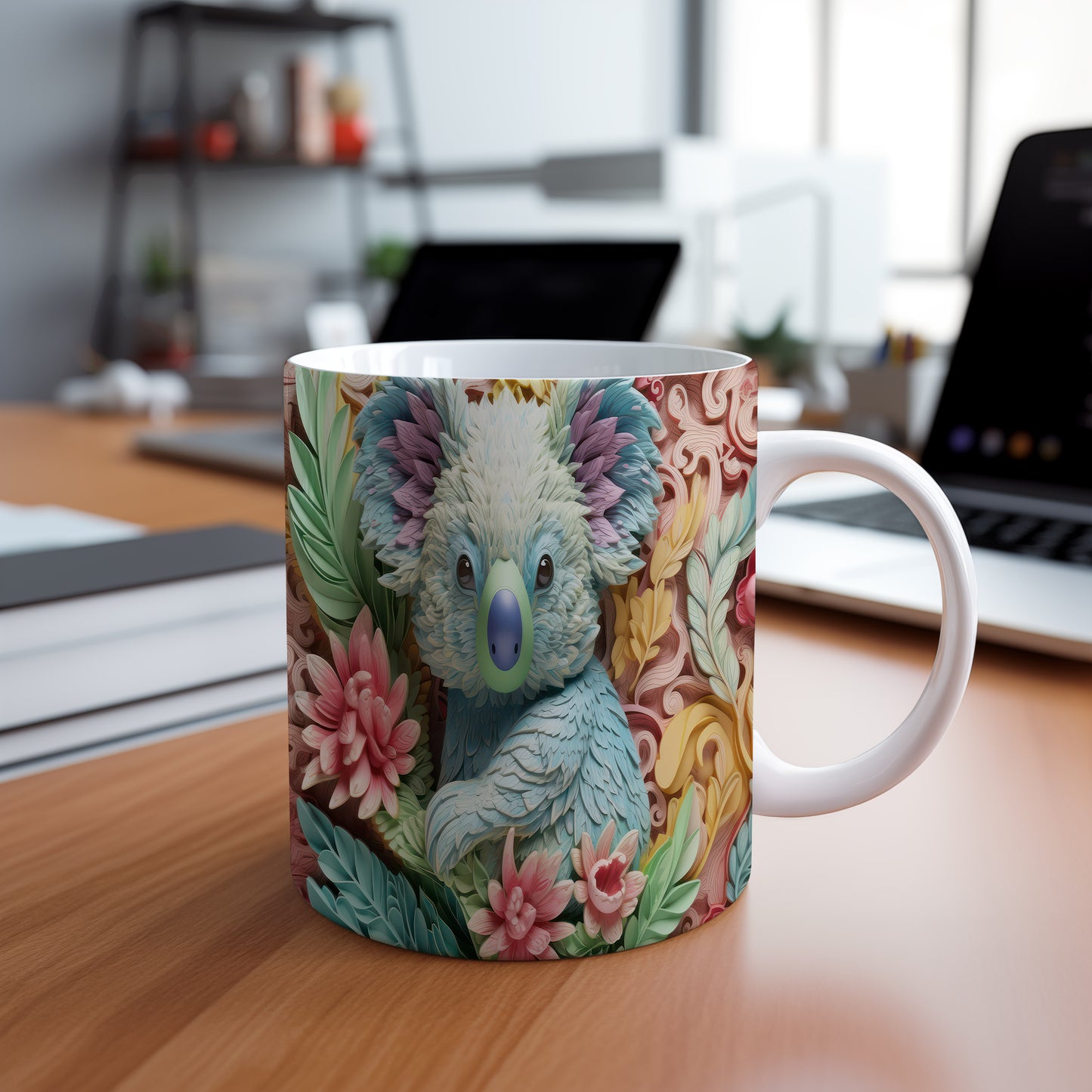 Hrnek s roztomilým koalou a květinami