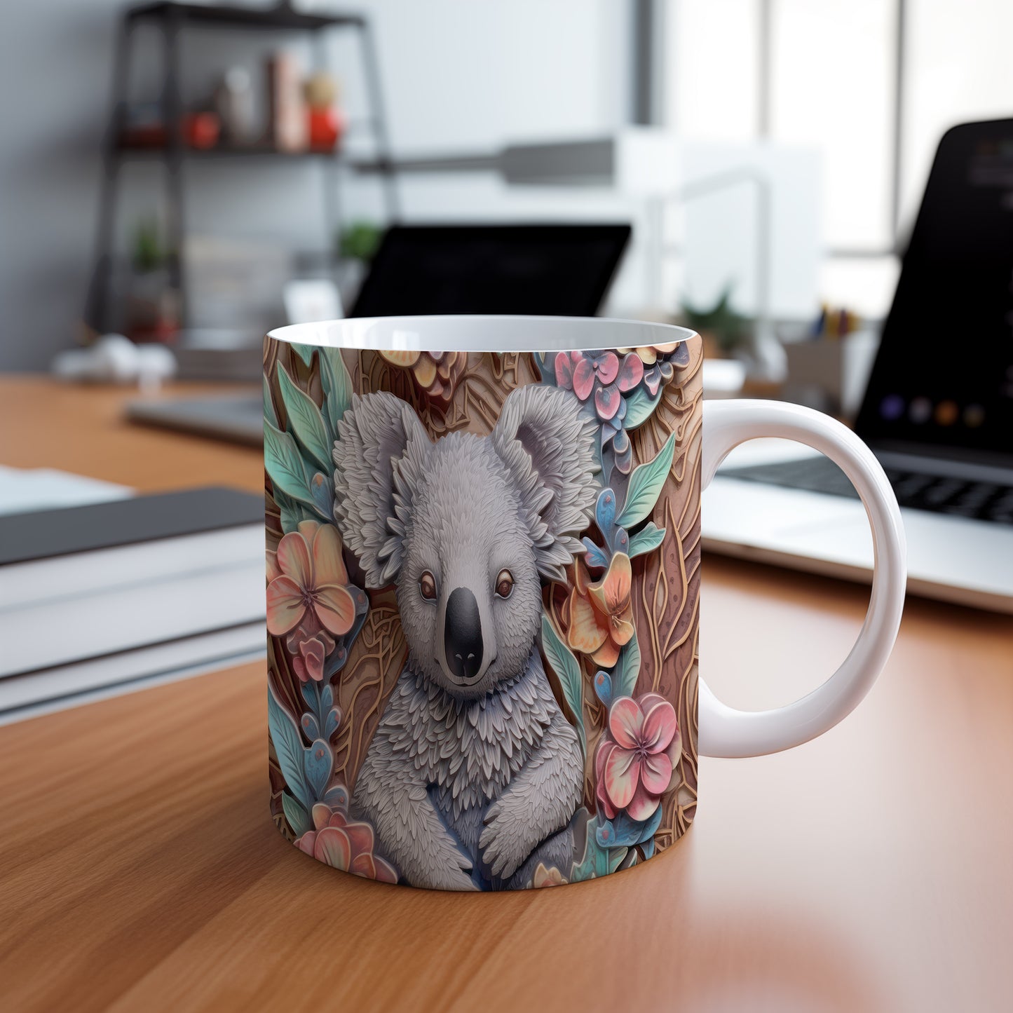 Hrnek s roztomilou koalou a květinami