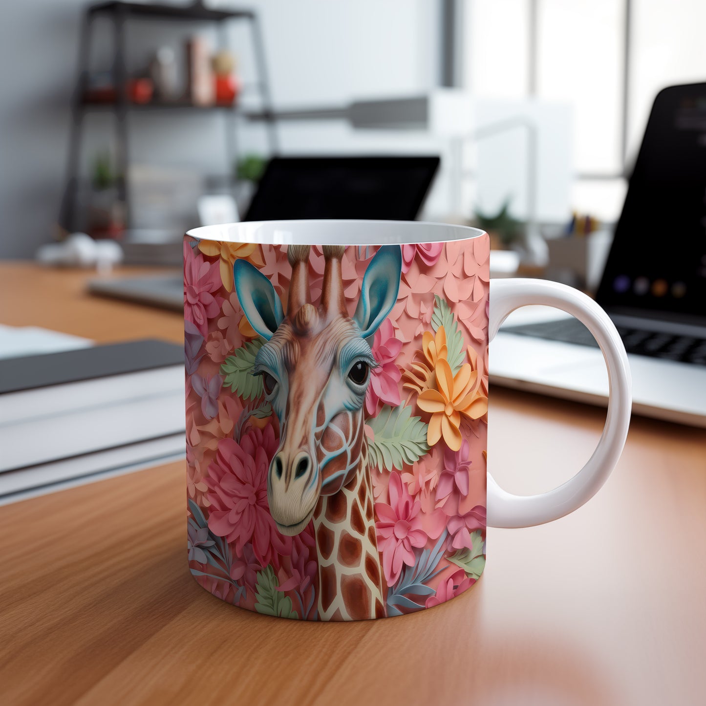 Hrnek se žirafou a květinami