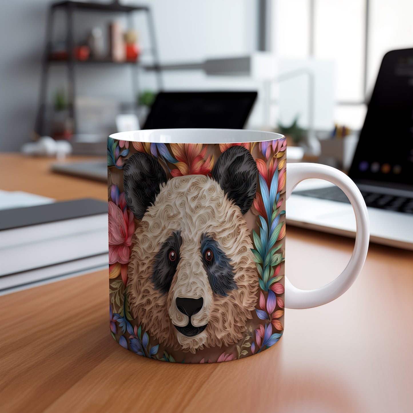 Hrnek s pandou mezi květinami