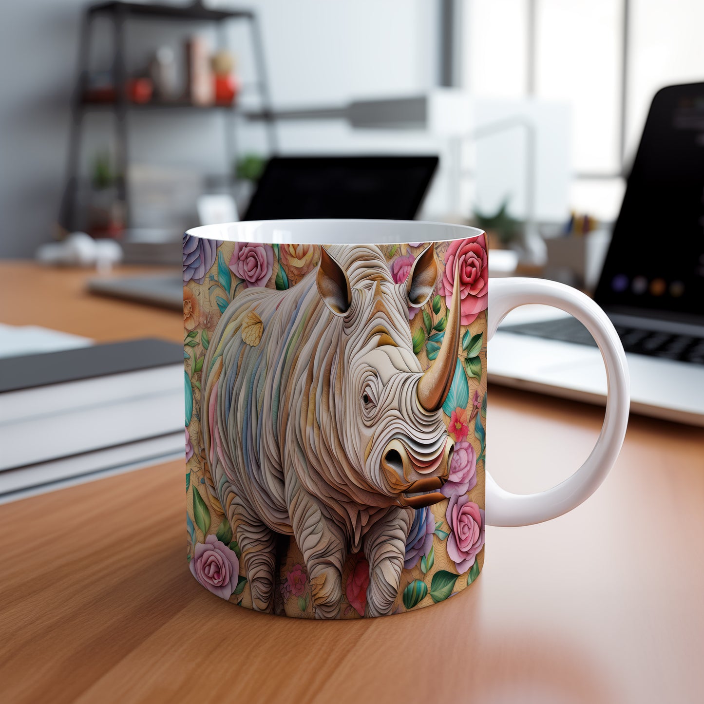 Hrnek s nosorožcem a květinovým vzorem