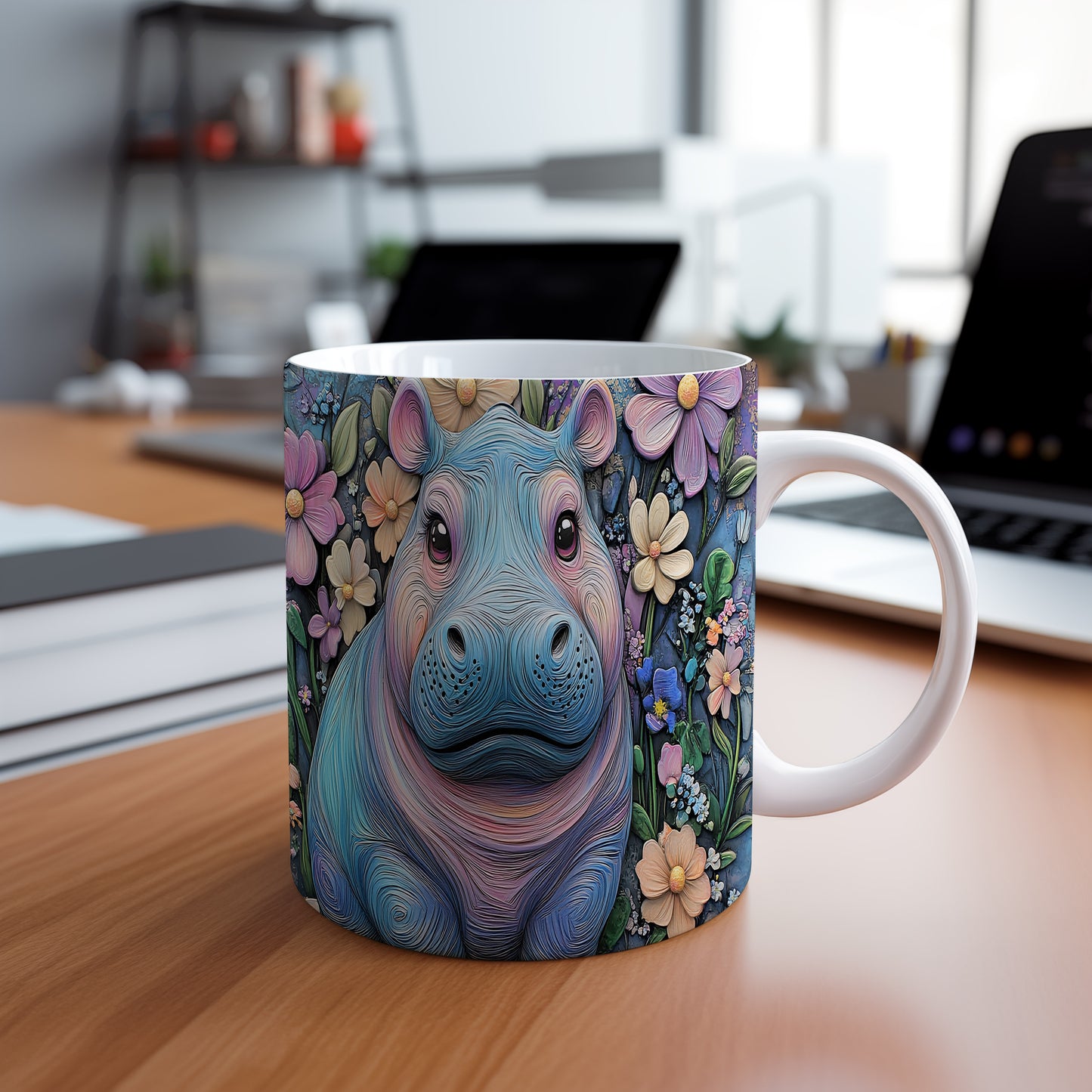 Hrnek s modrým hrochem a květinovým vzorem