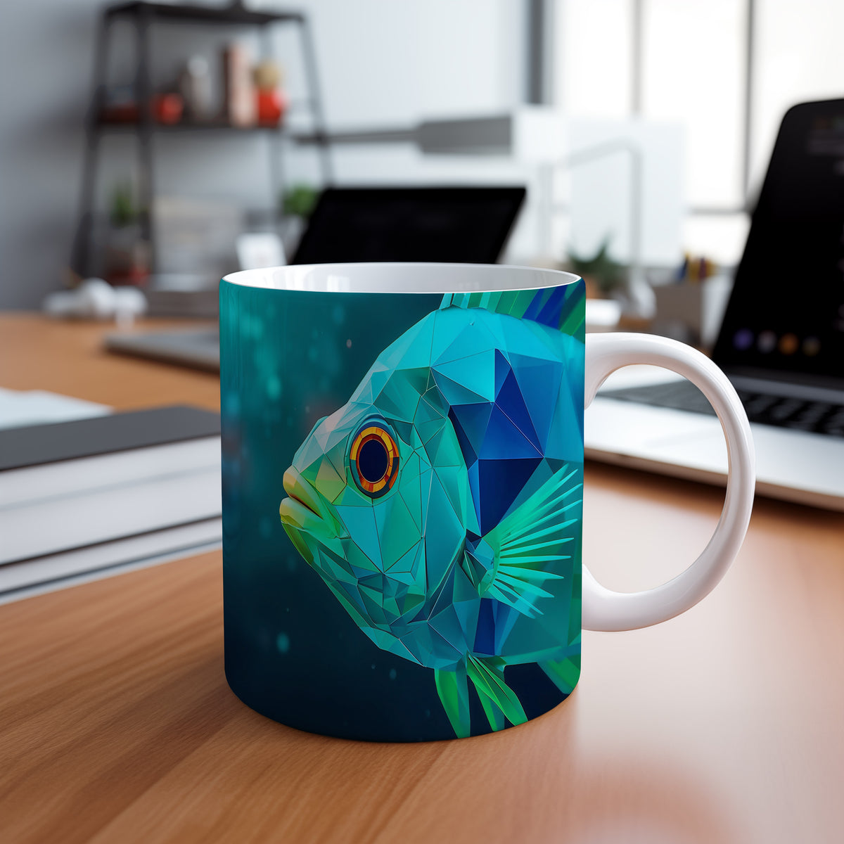 Hrnek s motivem z vodního světa – Geometrická rybí symfonie