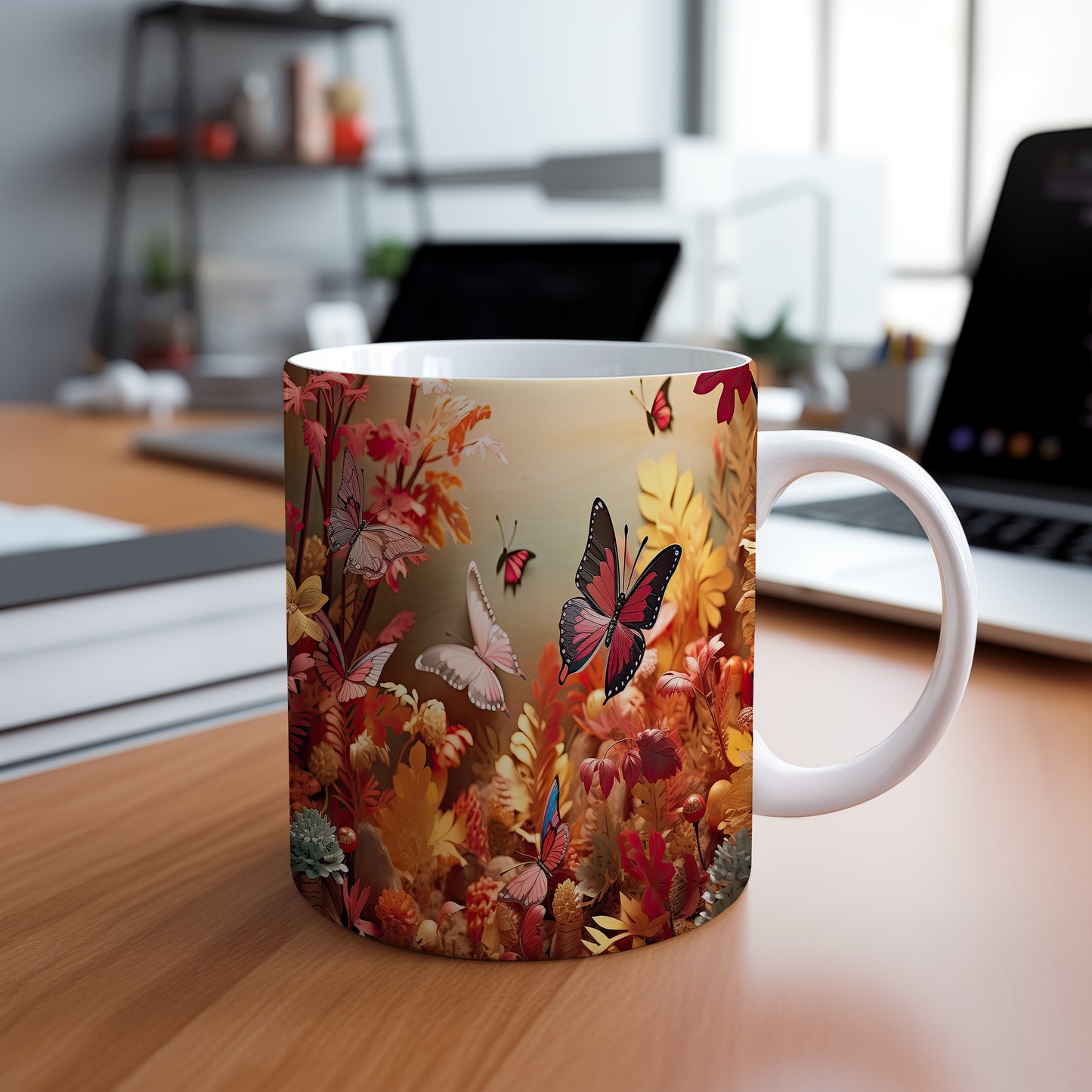 Hrnek s motýly a podzimními listy