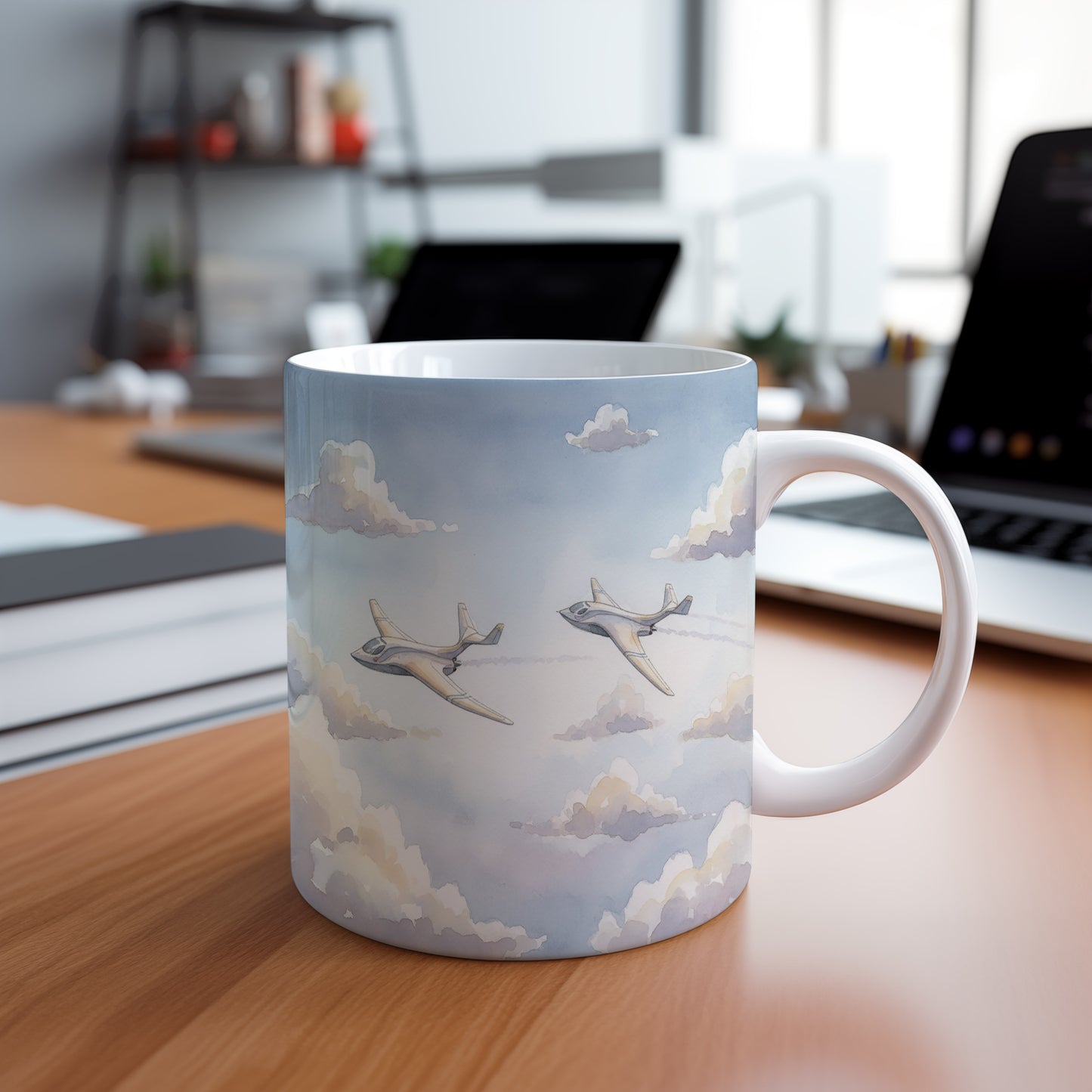 Hrnek s elegantními letadly v oblacích
