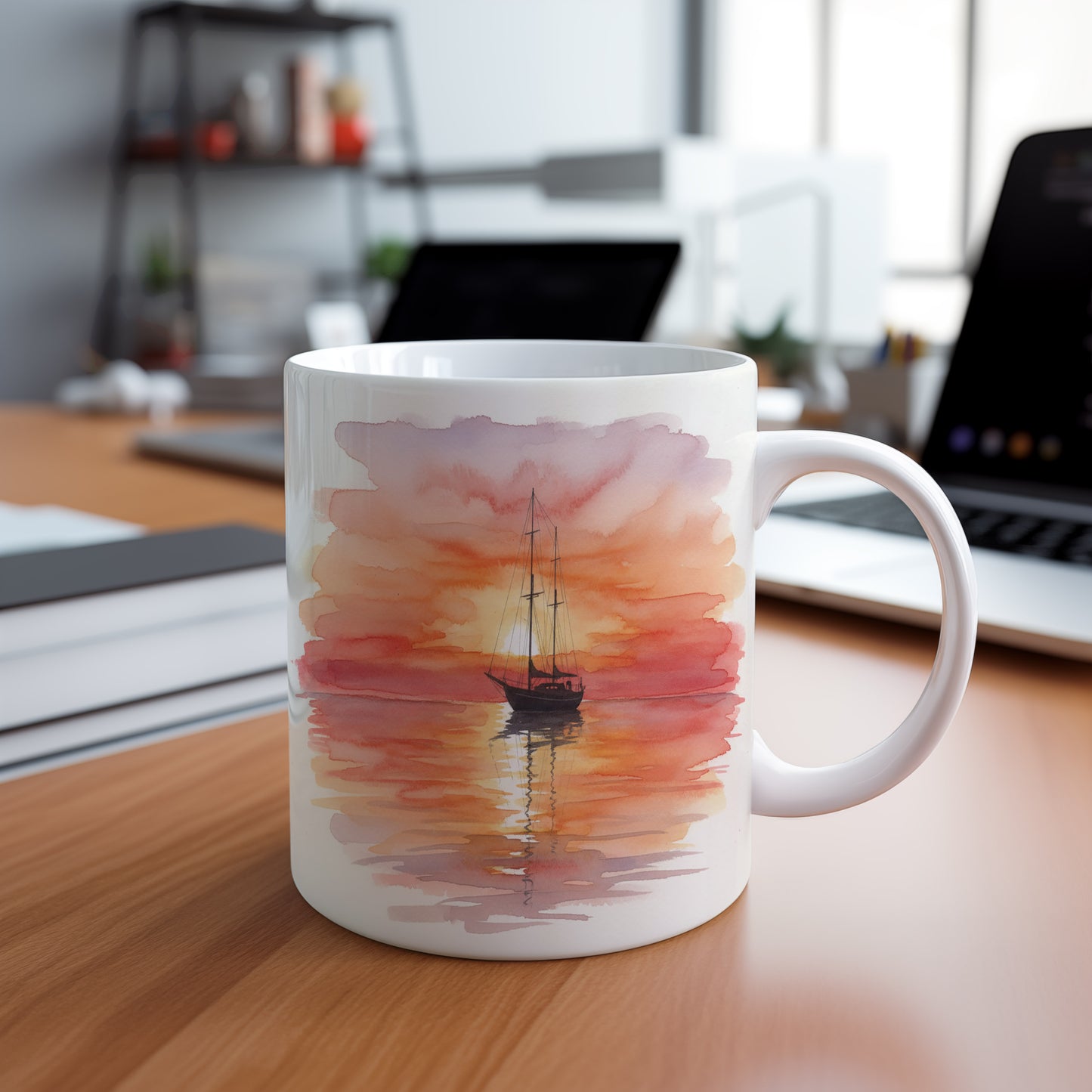 Hrnek s plachetnicí při západu slunce