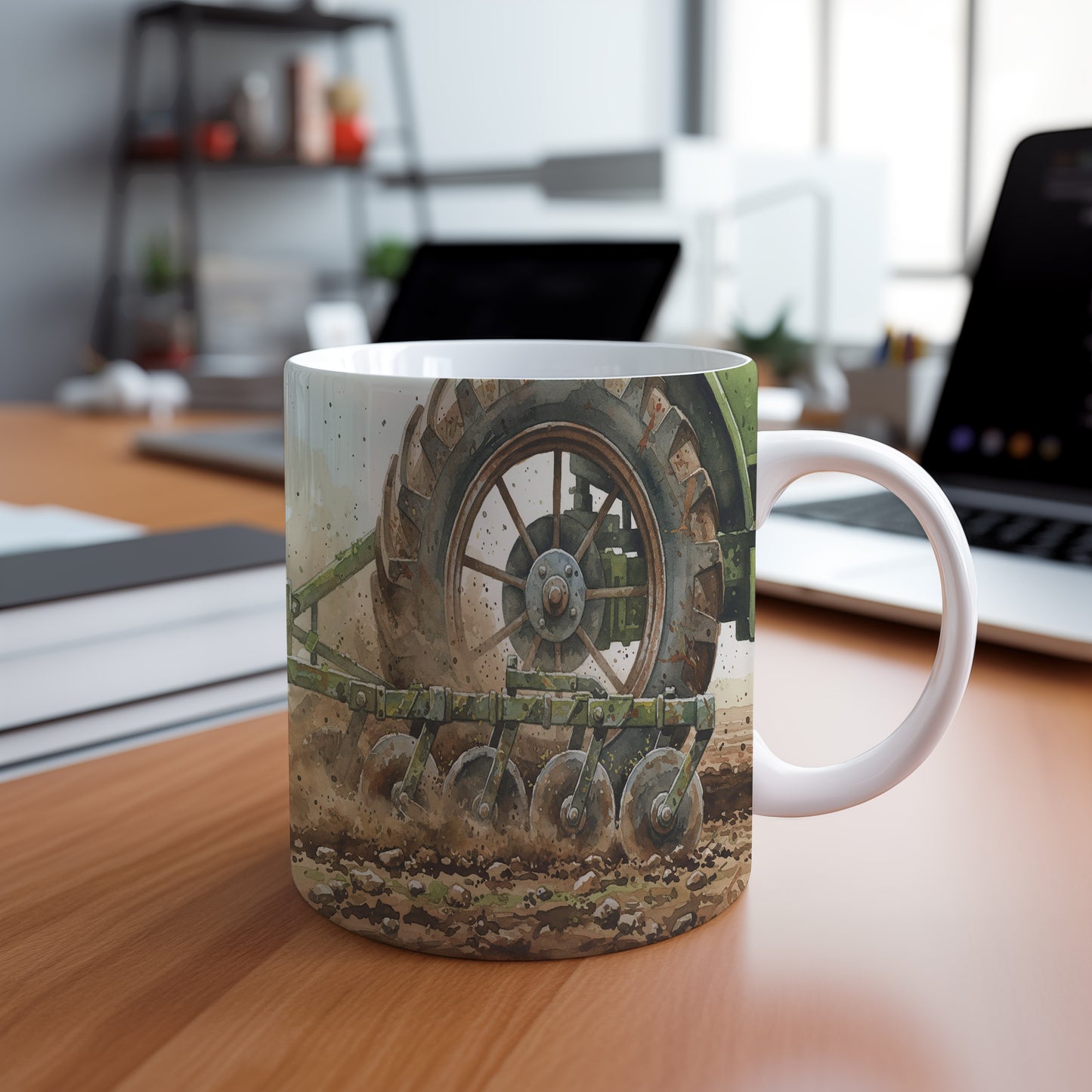 Hrnek s akvarelovým motivem traktoru v poli