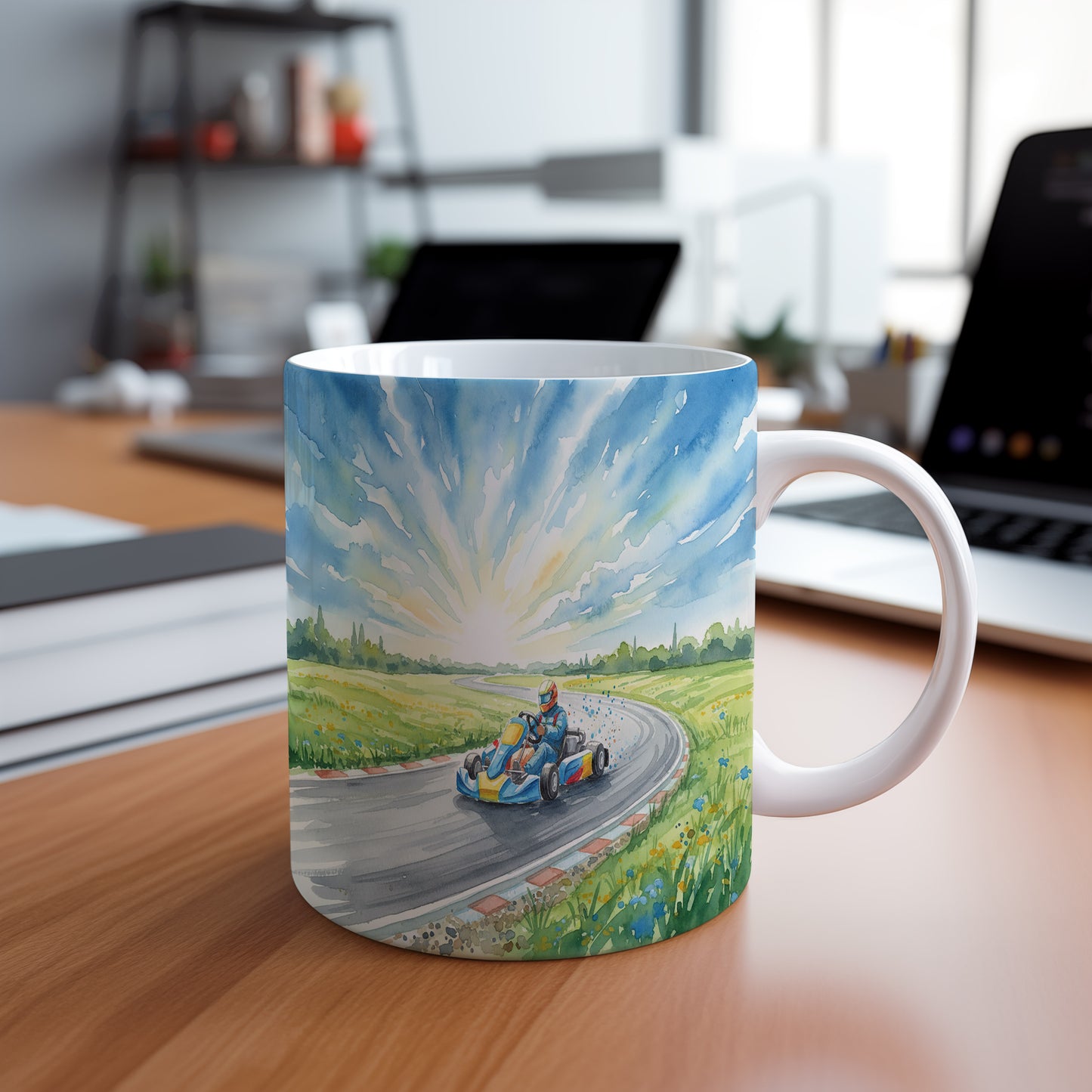 Hrnek s motokárou v západu slunce