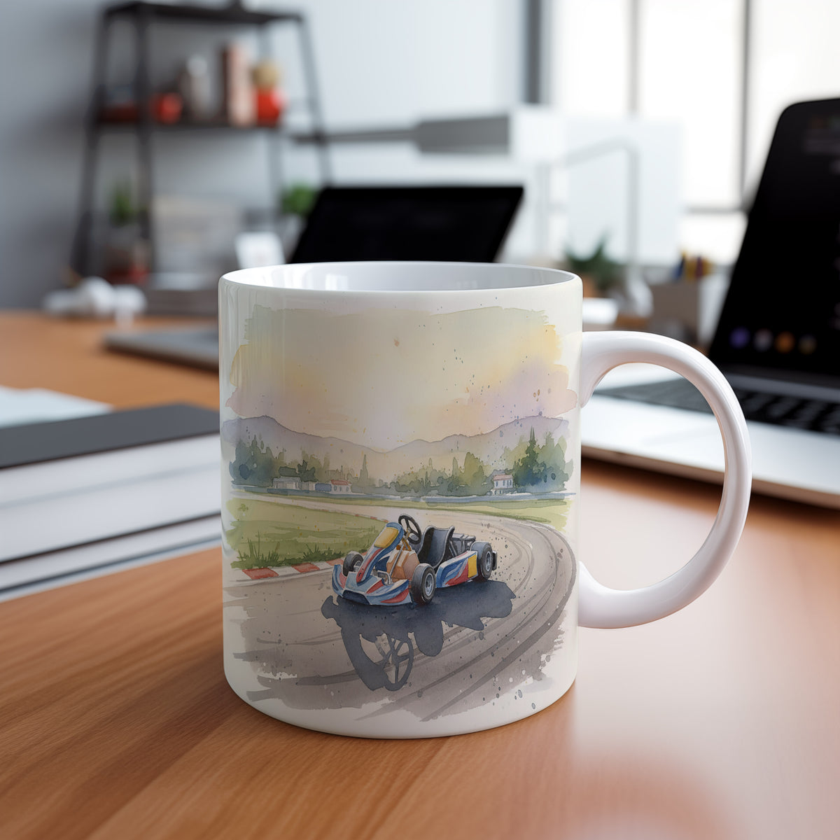Hrnek s motokárou na závodní dráze