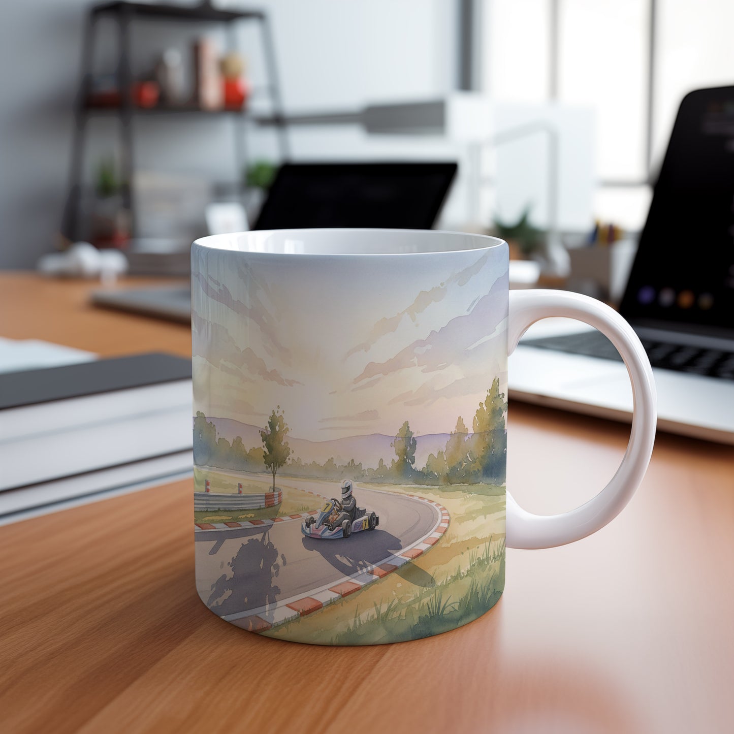 Hrnek s motokárou při západu slunce