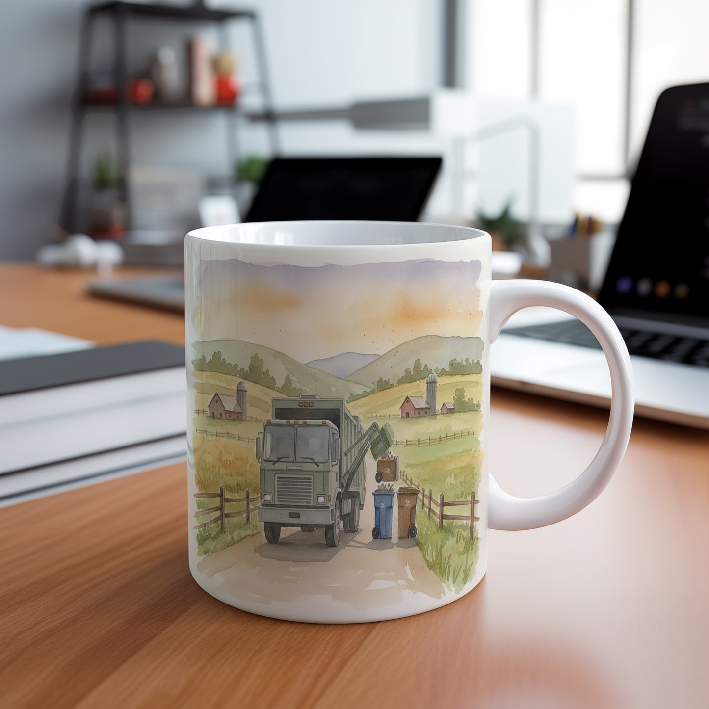 Hrnek s popelářským vozem na venkově