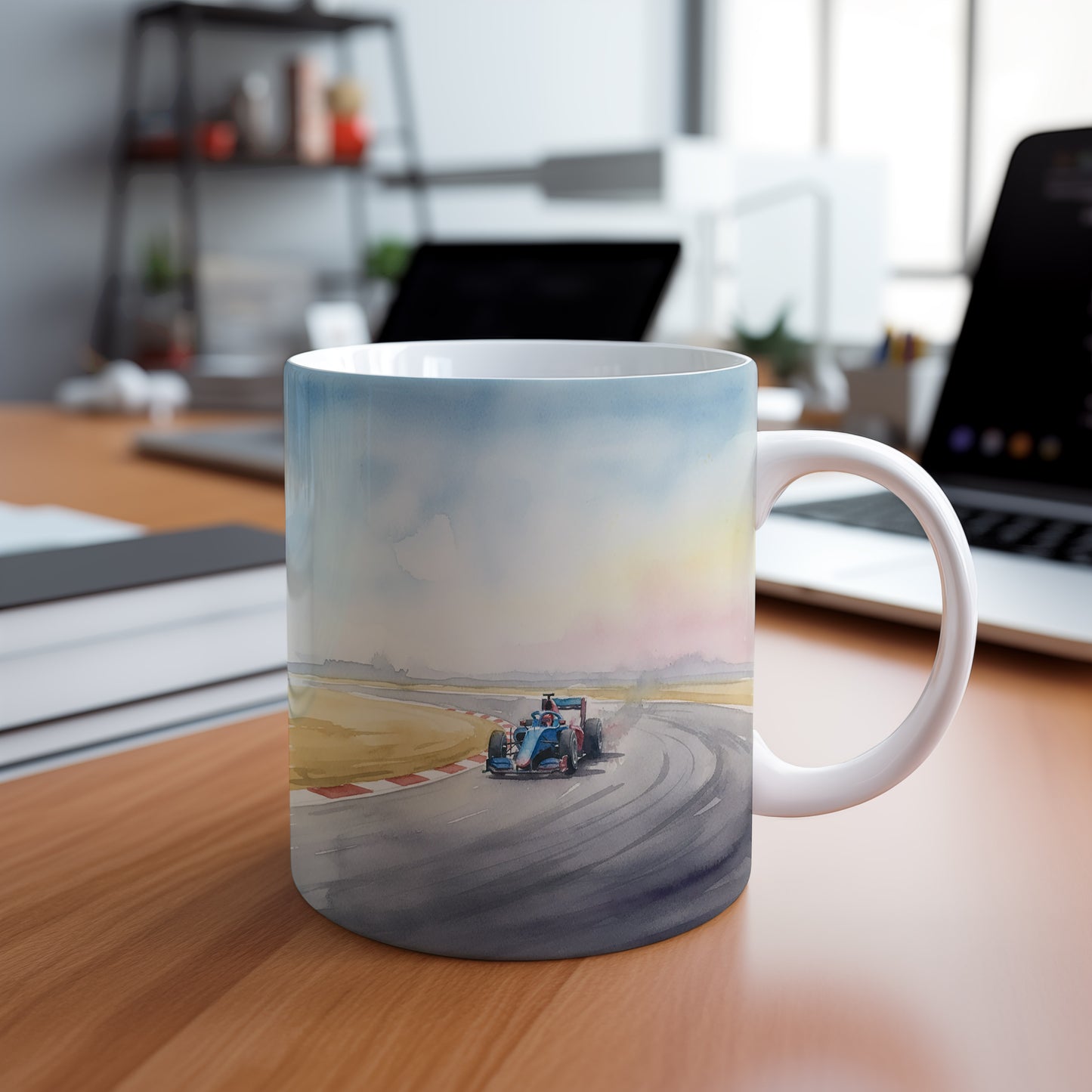 Hrnek s formulí na závodní dráze