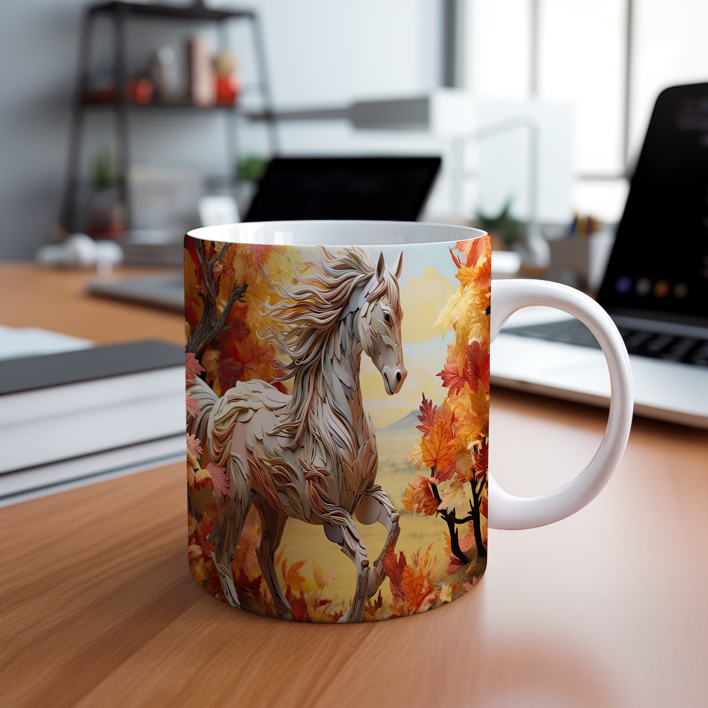 Hrnek s běžícím koněm v přírodě