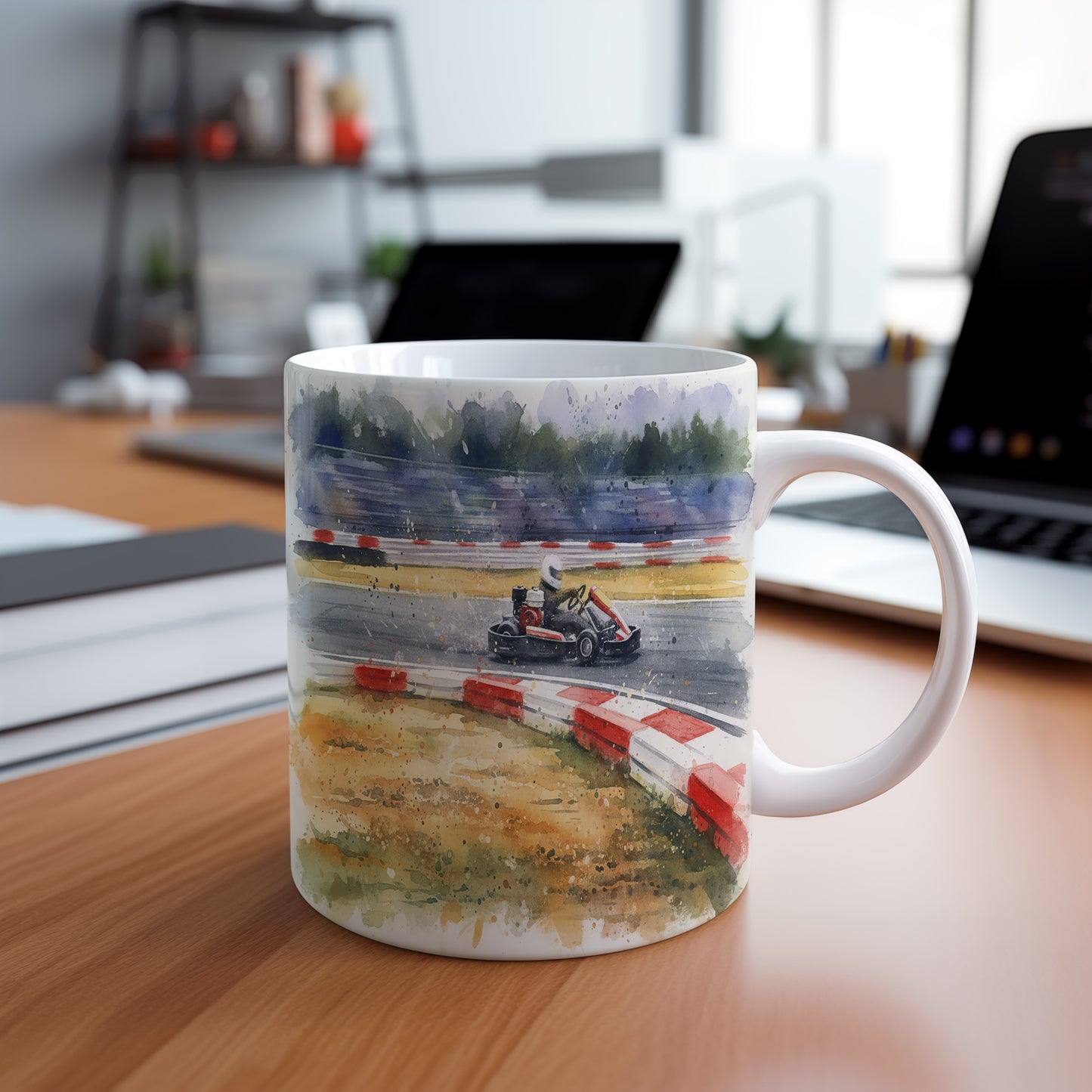 Hrnek se závodní motokárou na trati