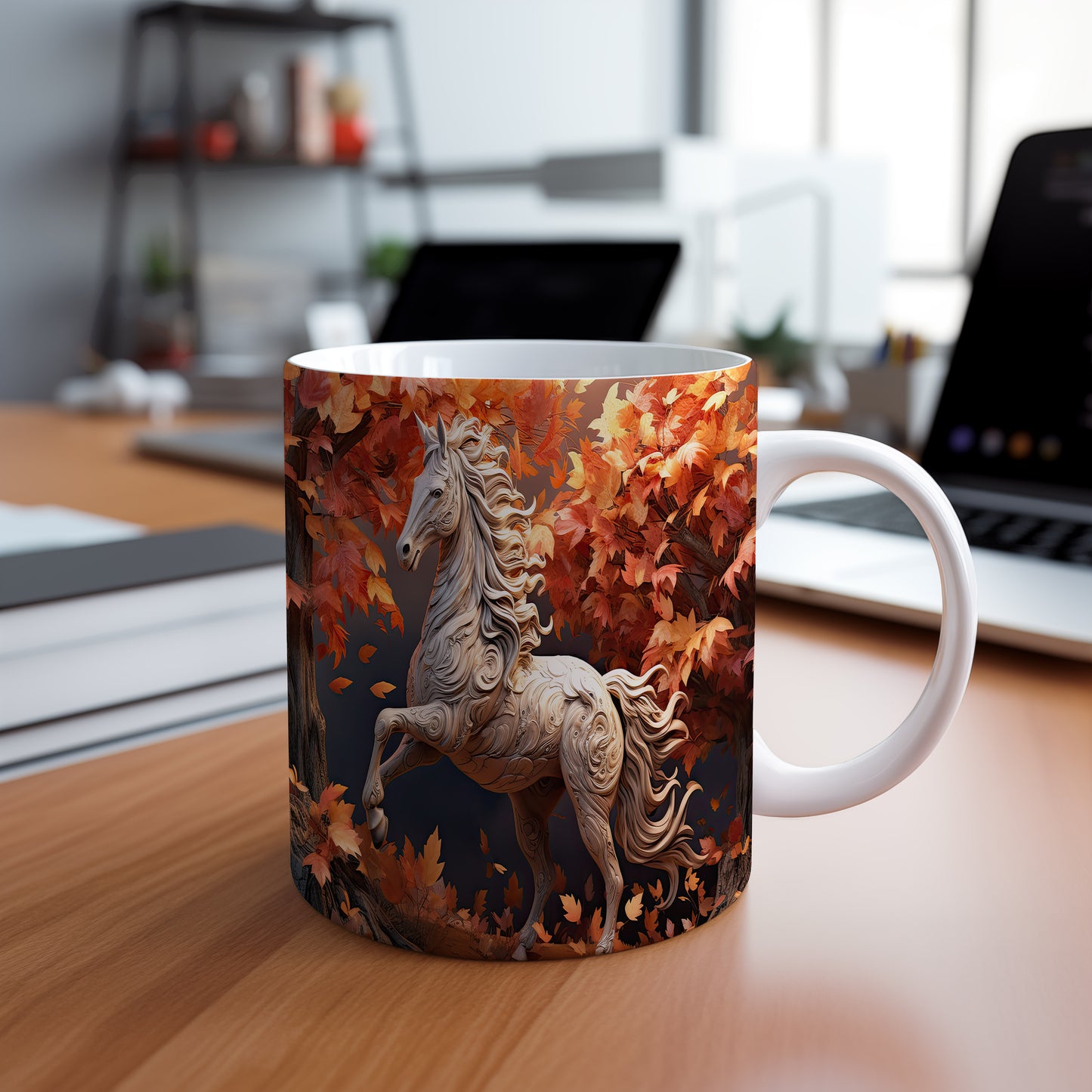 Hrnek s krásným koněm mezi listím