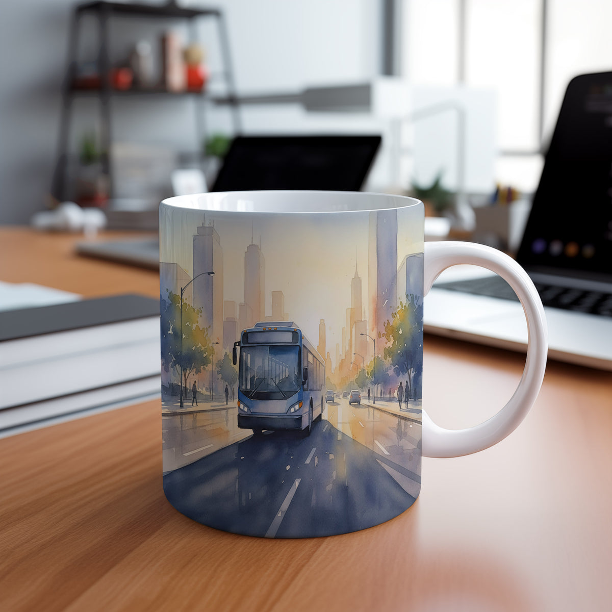 Hrnek s autobusem ve městě