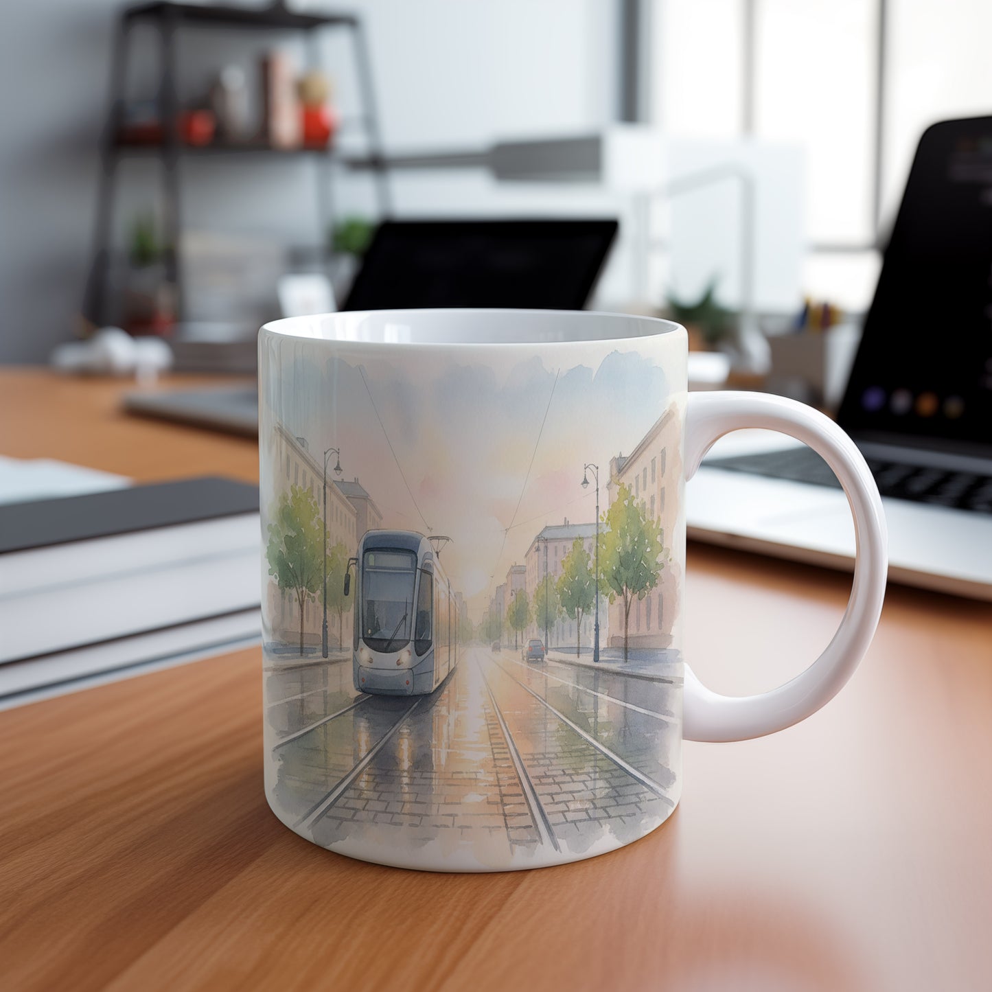 Hrnek s tramvají v ranním světle