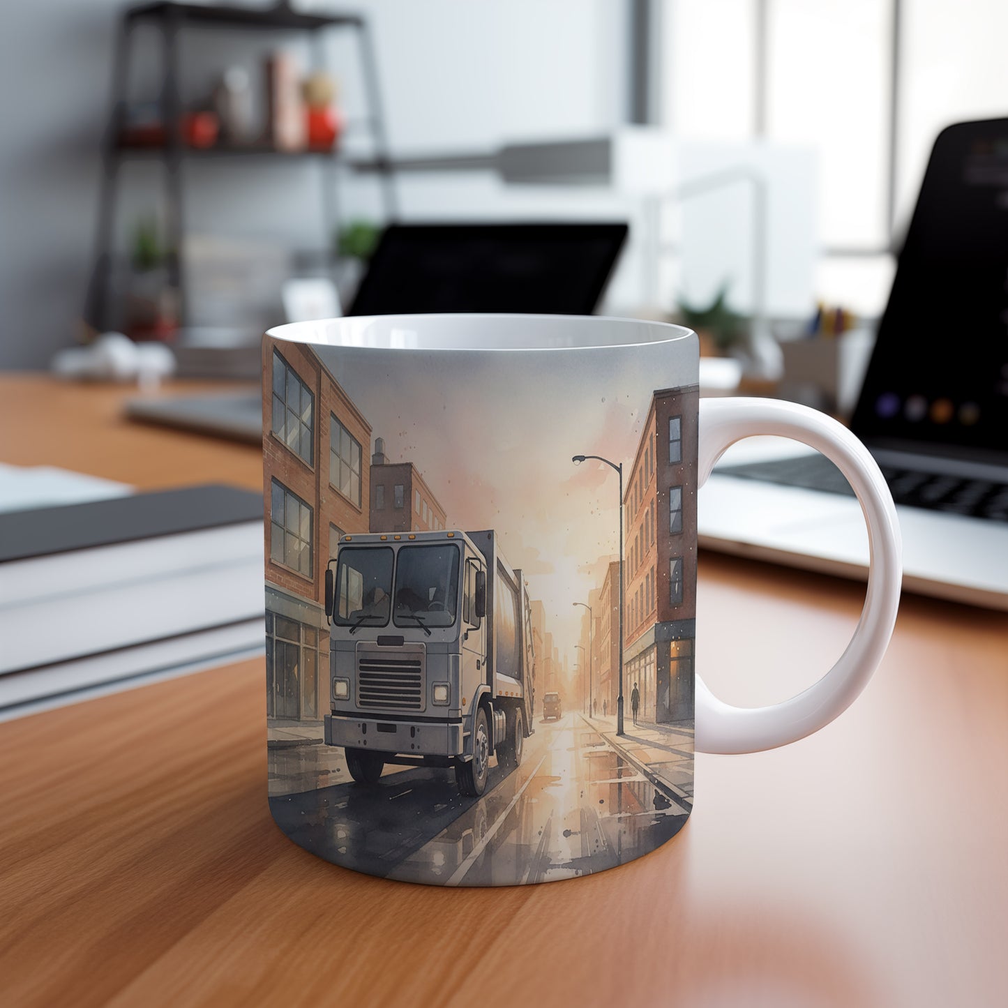 Hrnek s popelářským vozem při západu slunce