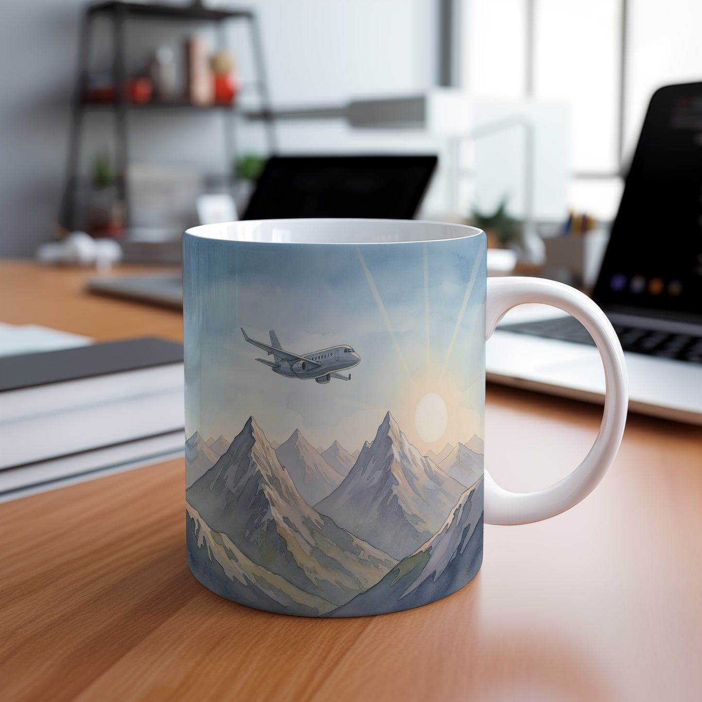 Hrnek s letadlem nad horami