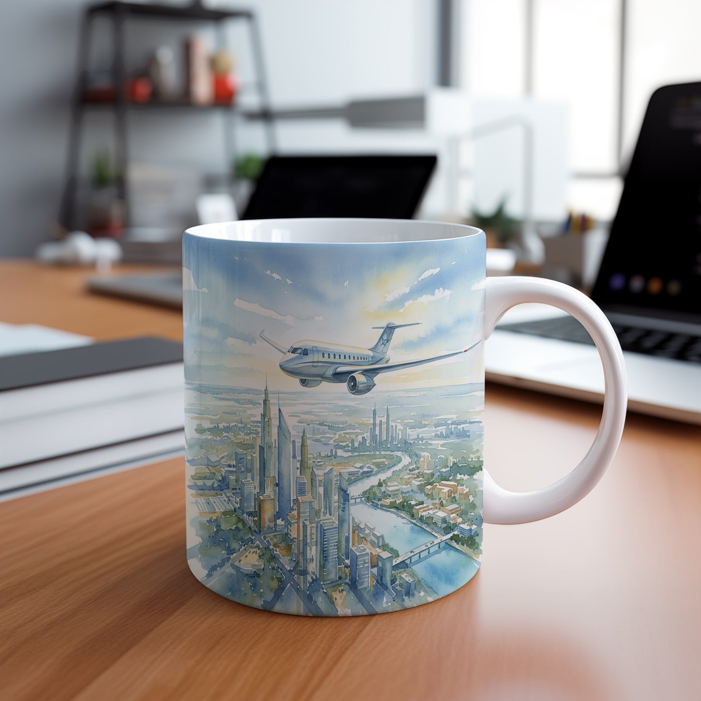 Hrnek s letadlem nad městem