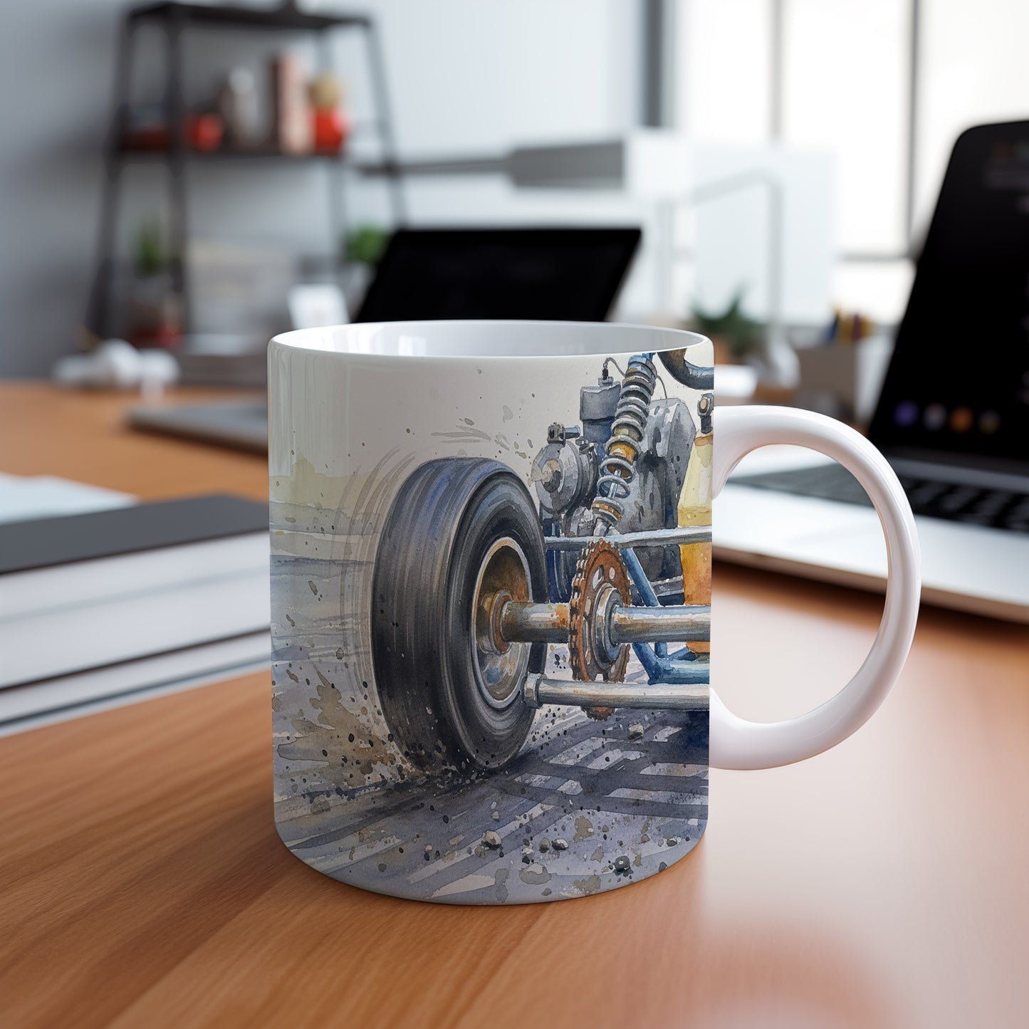 Hrnek s motokárou v driftu