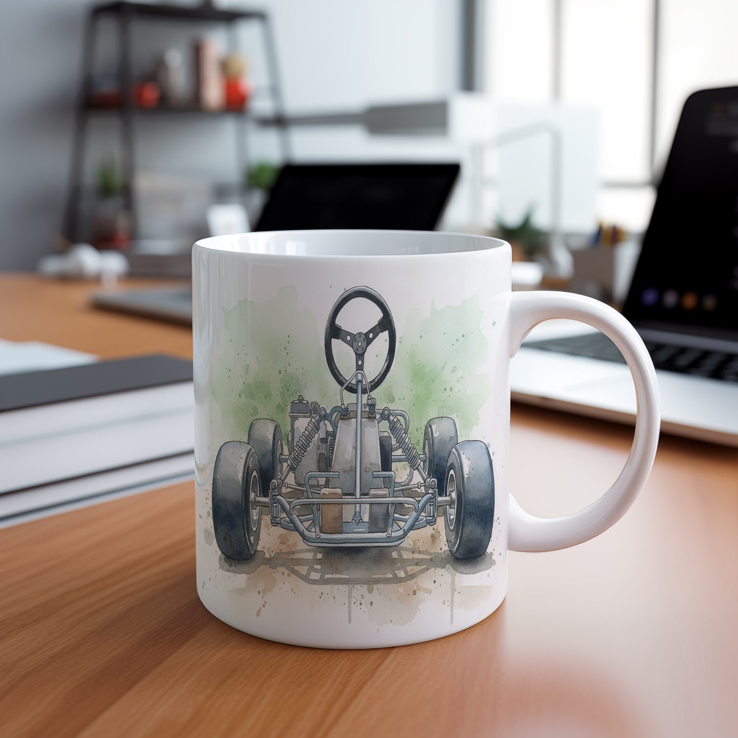 Hrnek s motokárou na závodní dráze